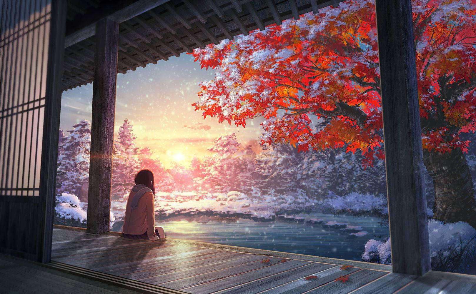 En pige sidder på en veranda og kigger ud på sneen. Wallpaper