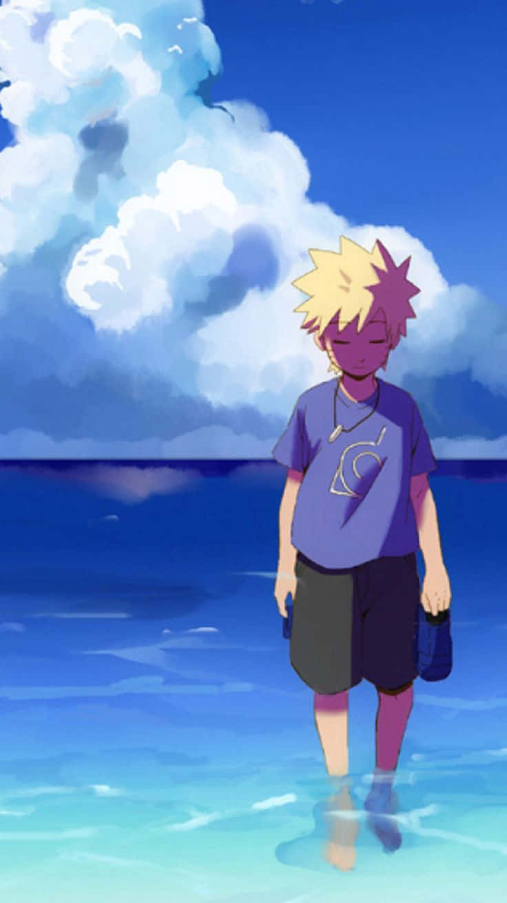 En dreng står i oceanet med en taske med stjerner. Wallpaper