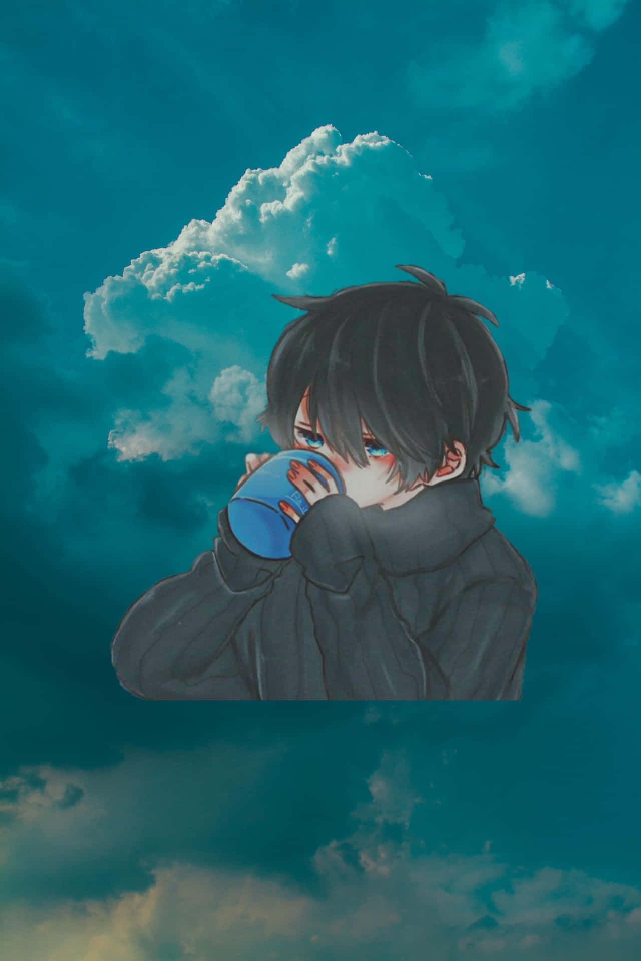 A Boy Drinking A Cup Of Coffee In The Sky Wallpaper