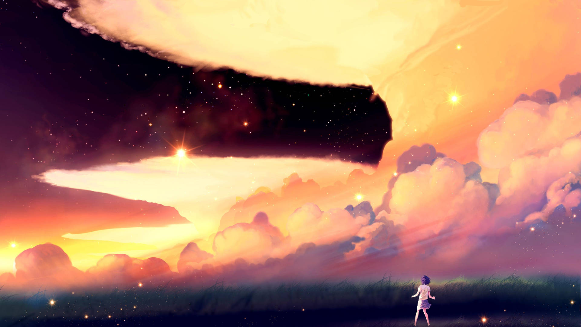 En pige står på marken og ser mod himlen. Wallpaper