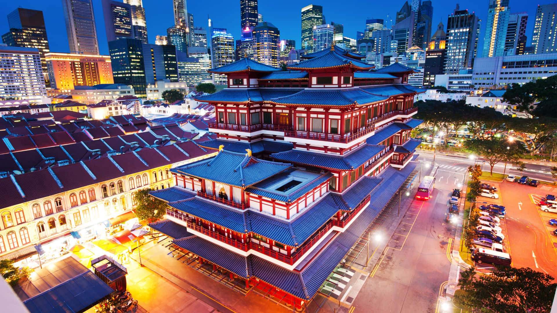 Chinatown Singapore Buddha Tooth Relic Temple Dusk Wallpaper