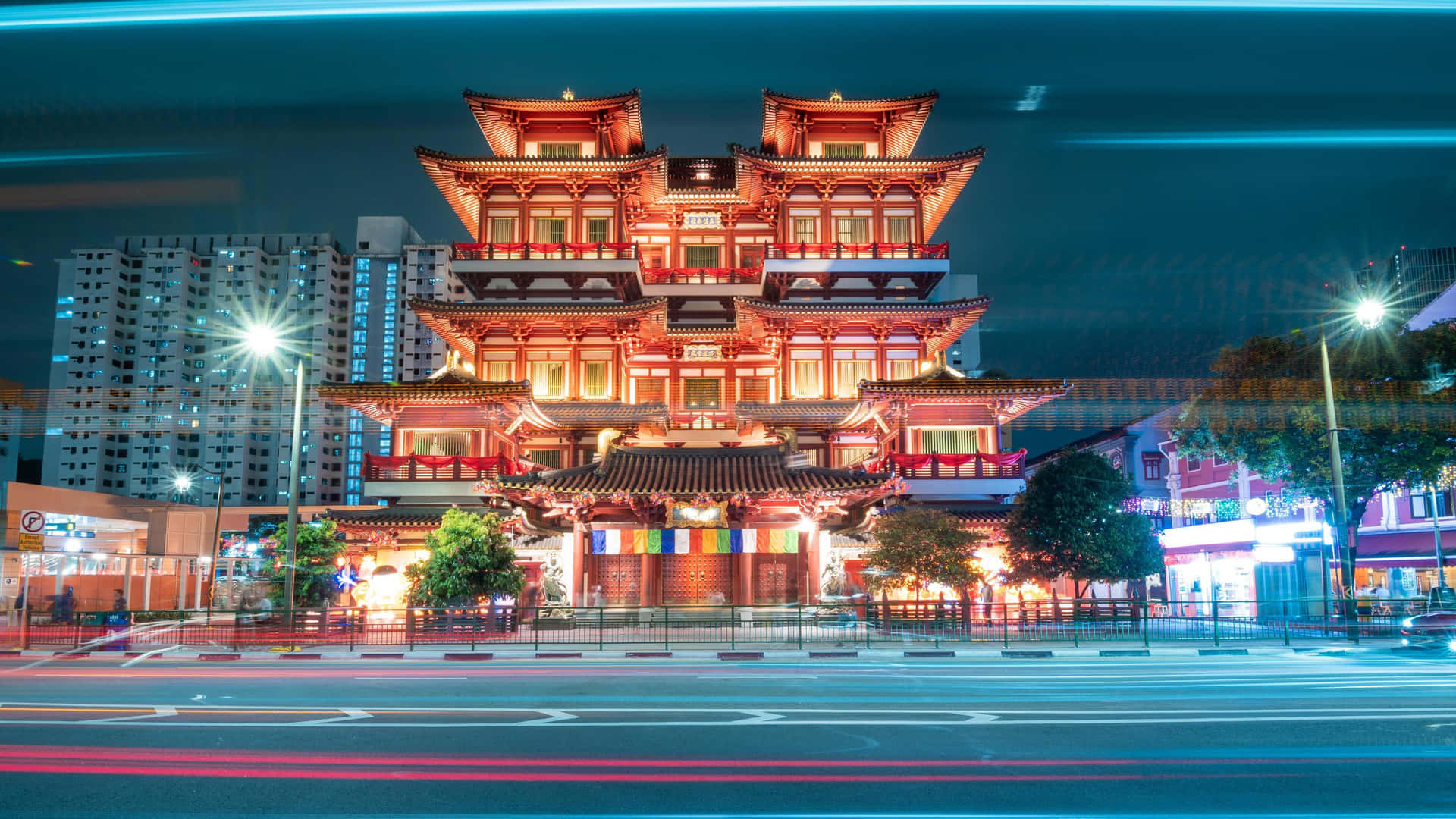 Chinatown Singapore Buddha Tooth Relic Temple Night Wallpaper