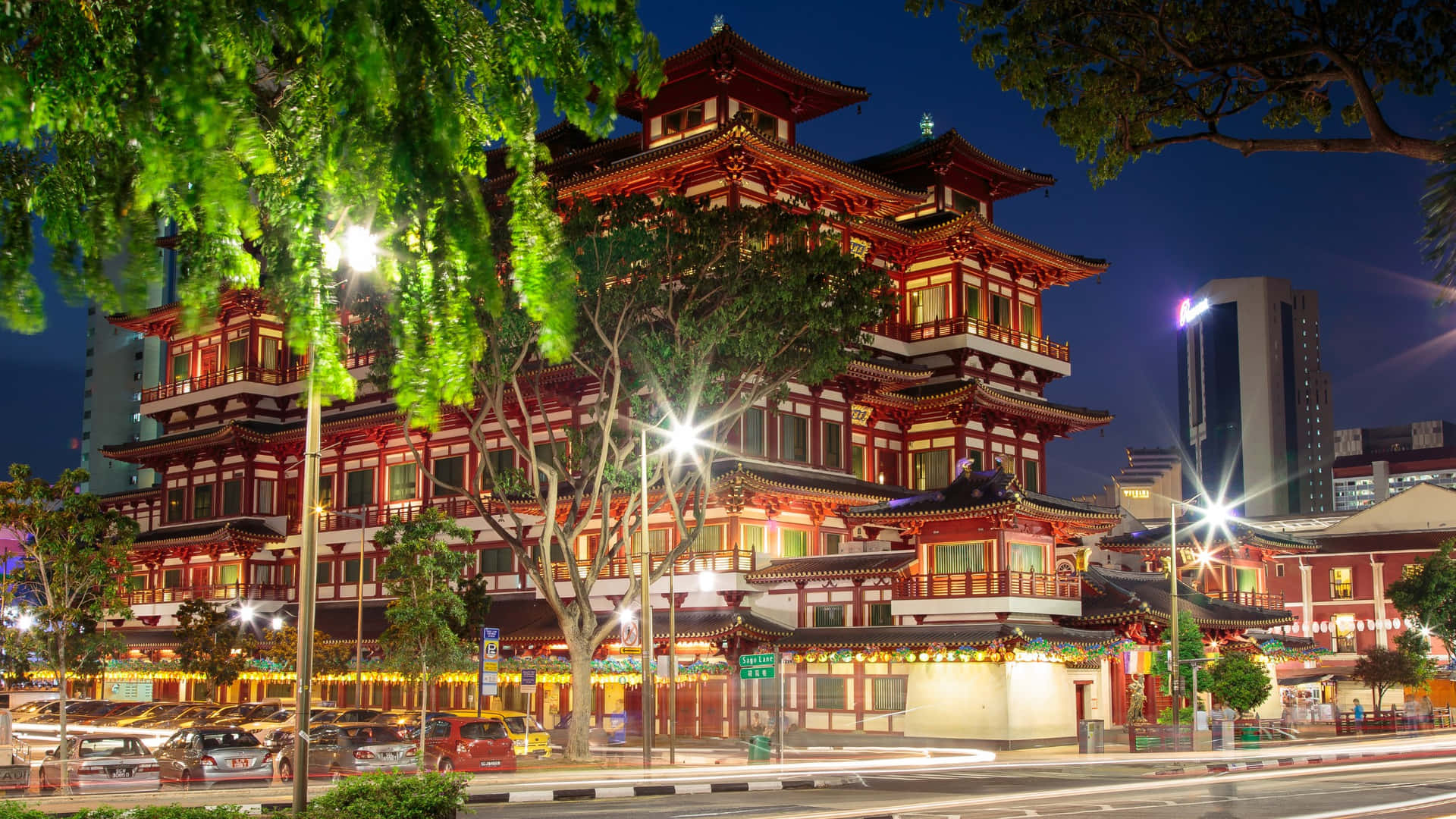 Chinatown Singapore Buddha Tooth Relic Temple Night Wallpaper