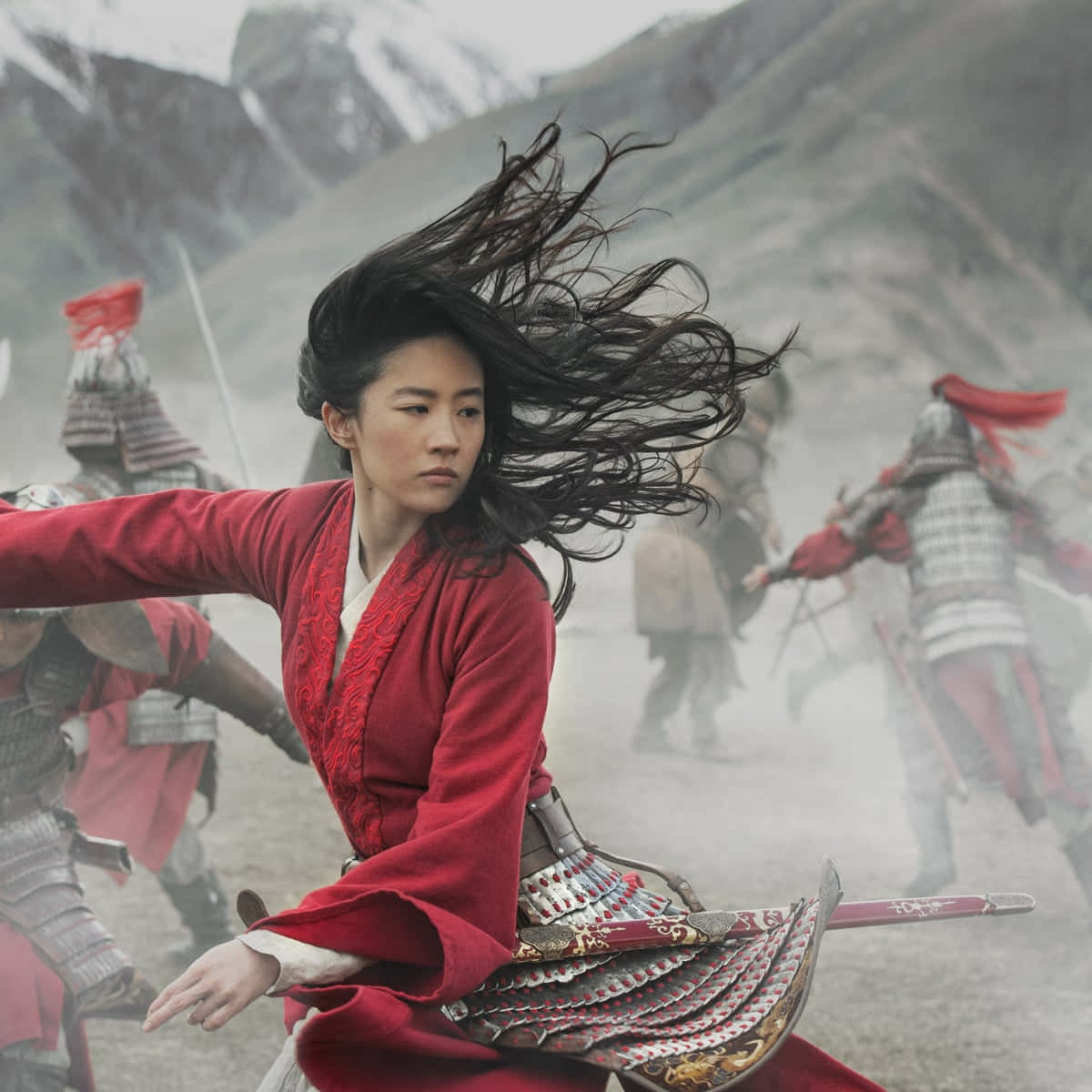 Mulan - A Woman In Red Costume Fighting With Swords
