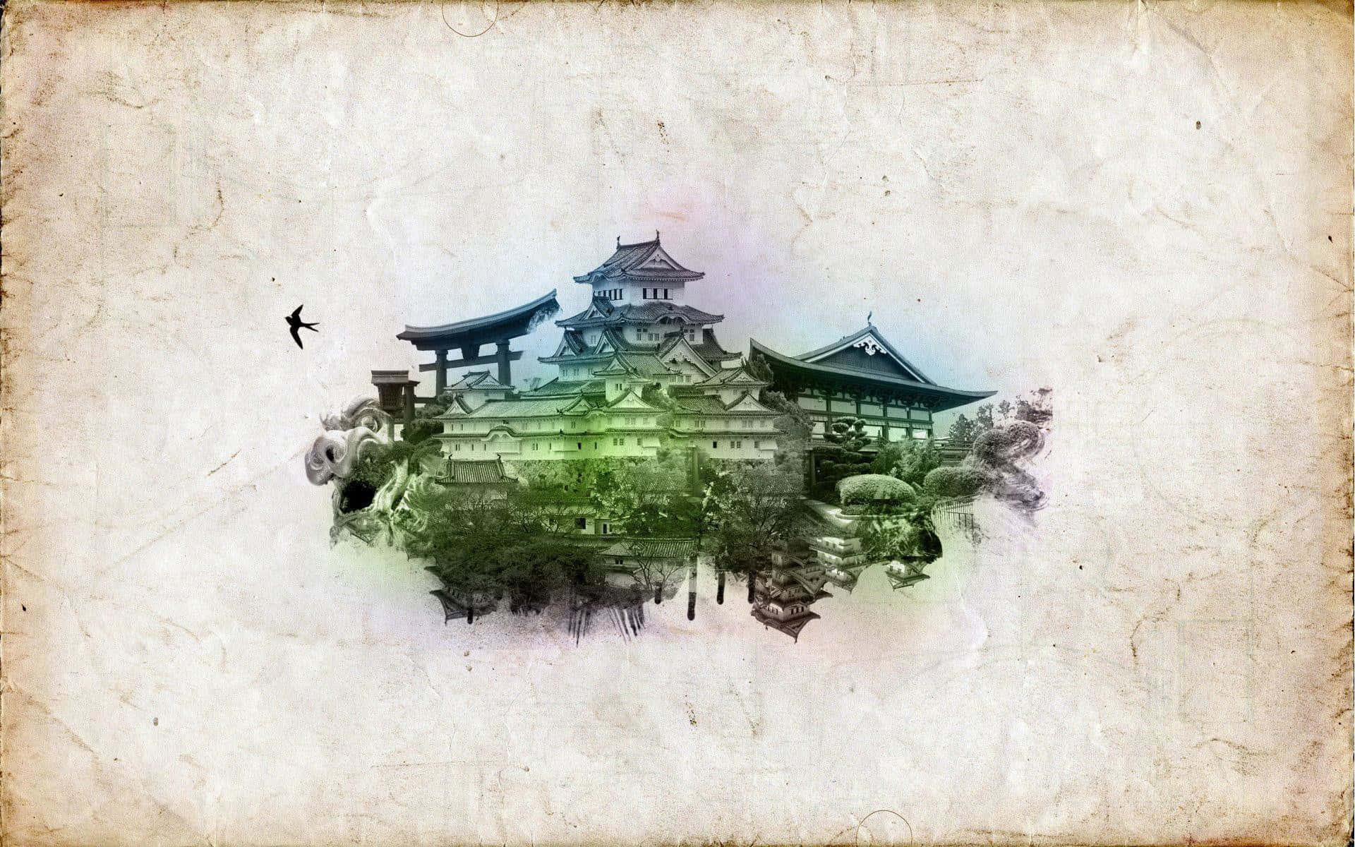 A Japanese Style Building With Birds Flying Around It