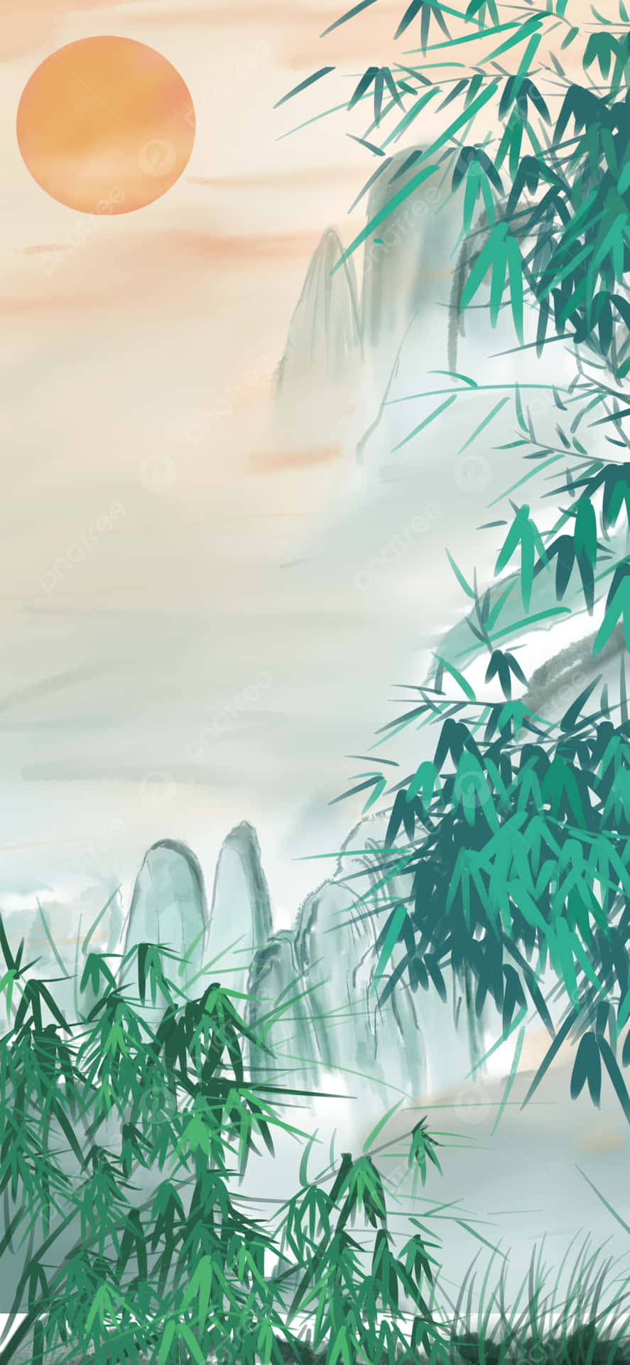 A Painting Of A Bamboo Forest With Mountains Wallpaper