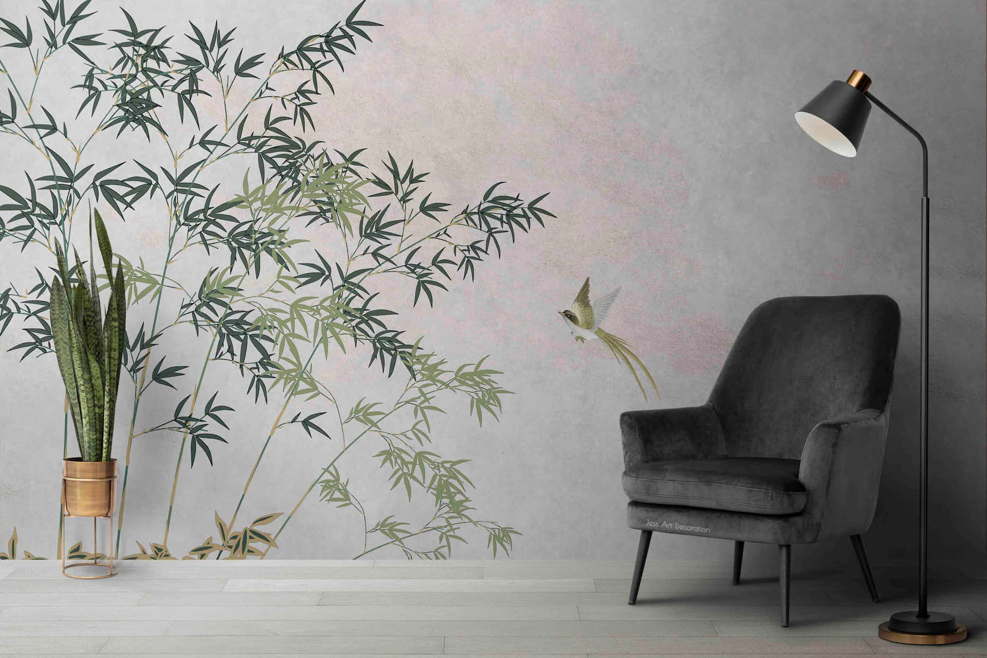 Et værelse med en stol og en bambus vægmaling Wallpaper