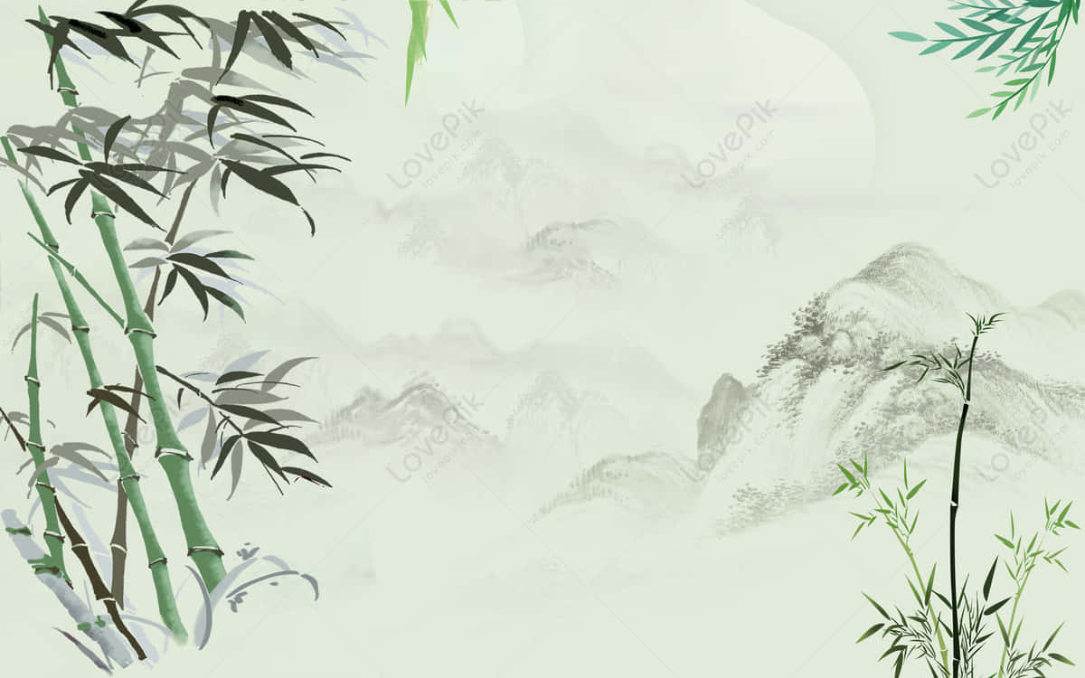 Árbolesde Bambú Y Montañas En Un Estilo Chino. Fondo de pantalla