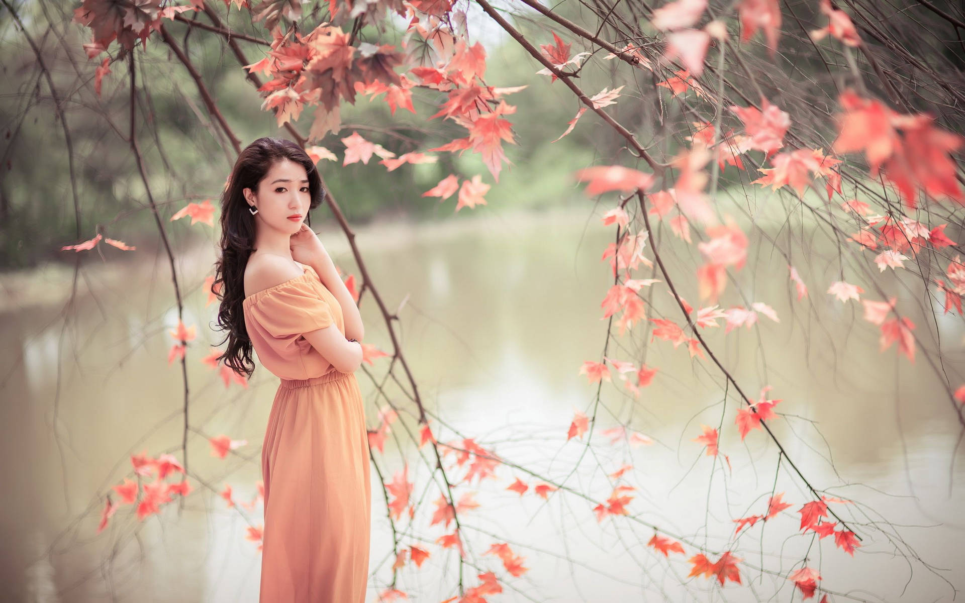 Chinese Girl Brown Dress Background