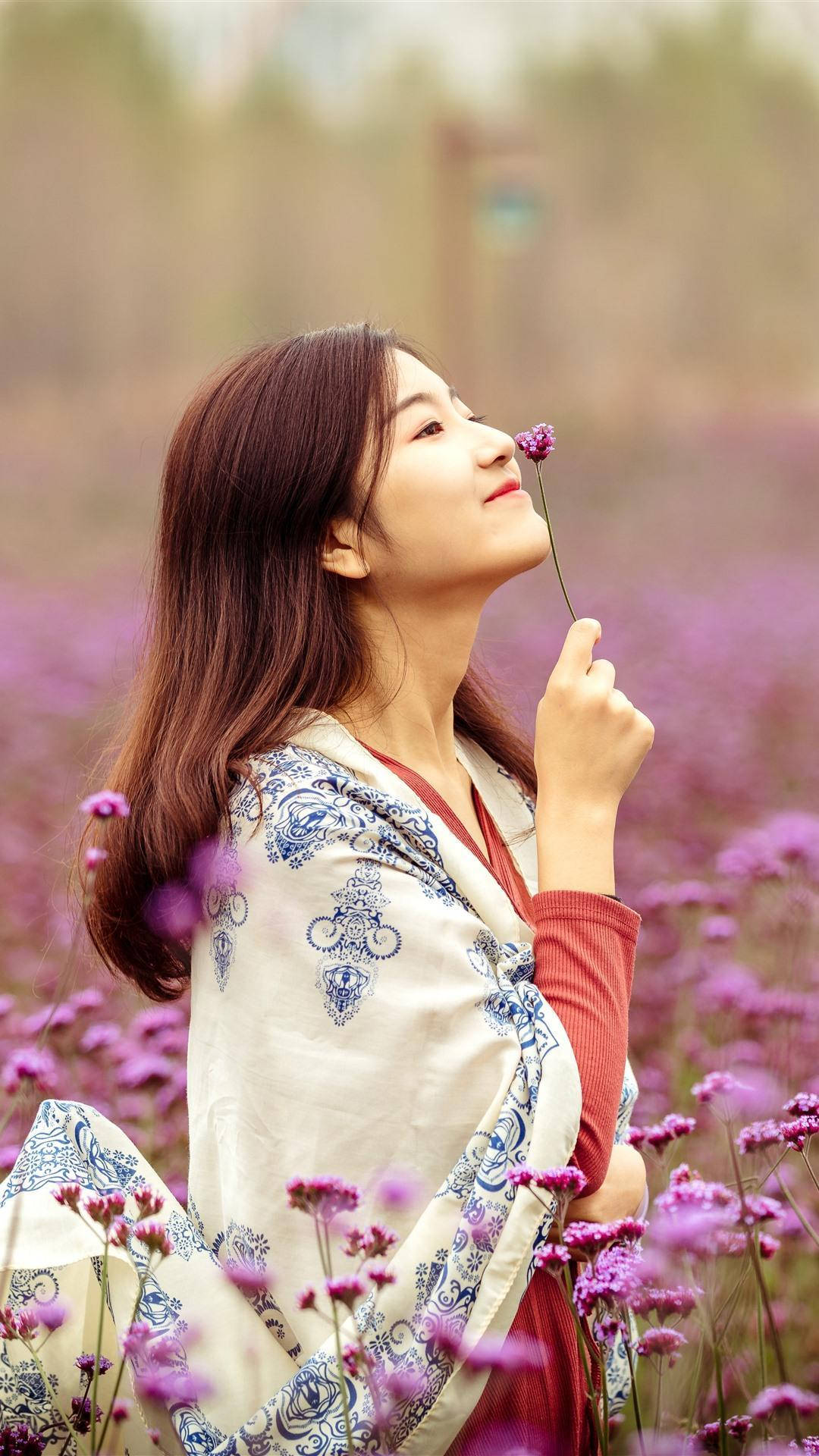 Chinese Girl Purple Flower Wallpaper