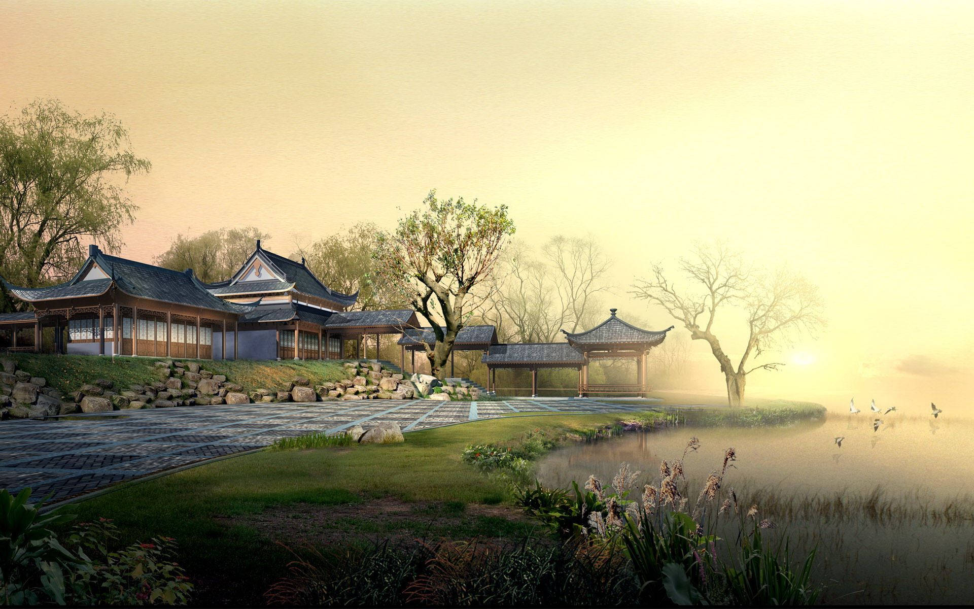 Chinese House With Sunset