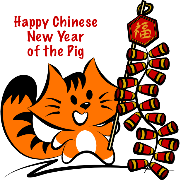 Chinese New Year Celebration Catand Firecrackers PNG