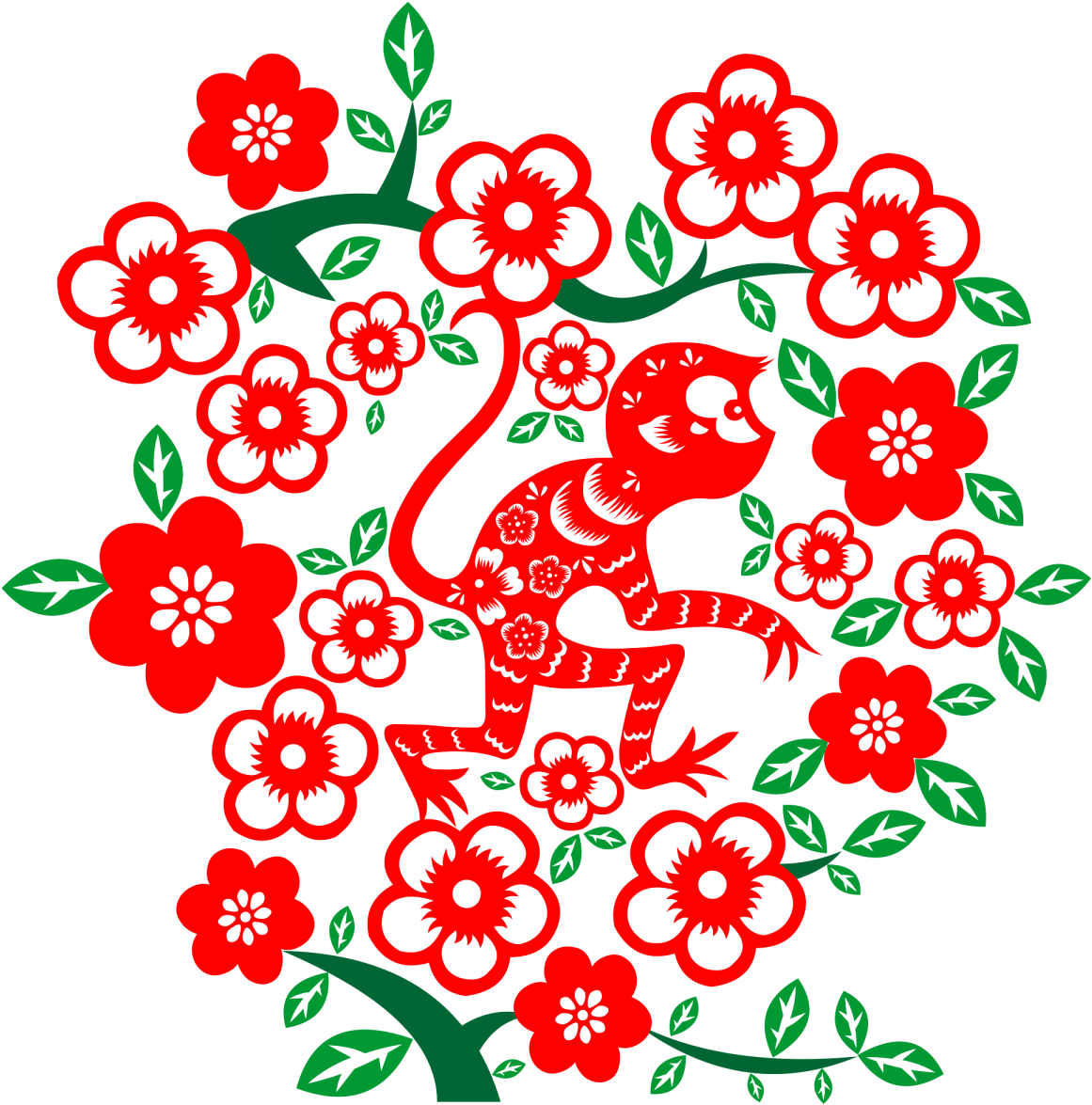 Chinese New Year Monkey Floral Design.png PNG