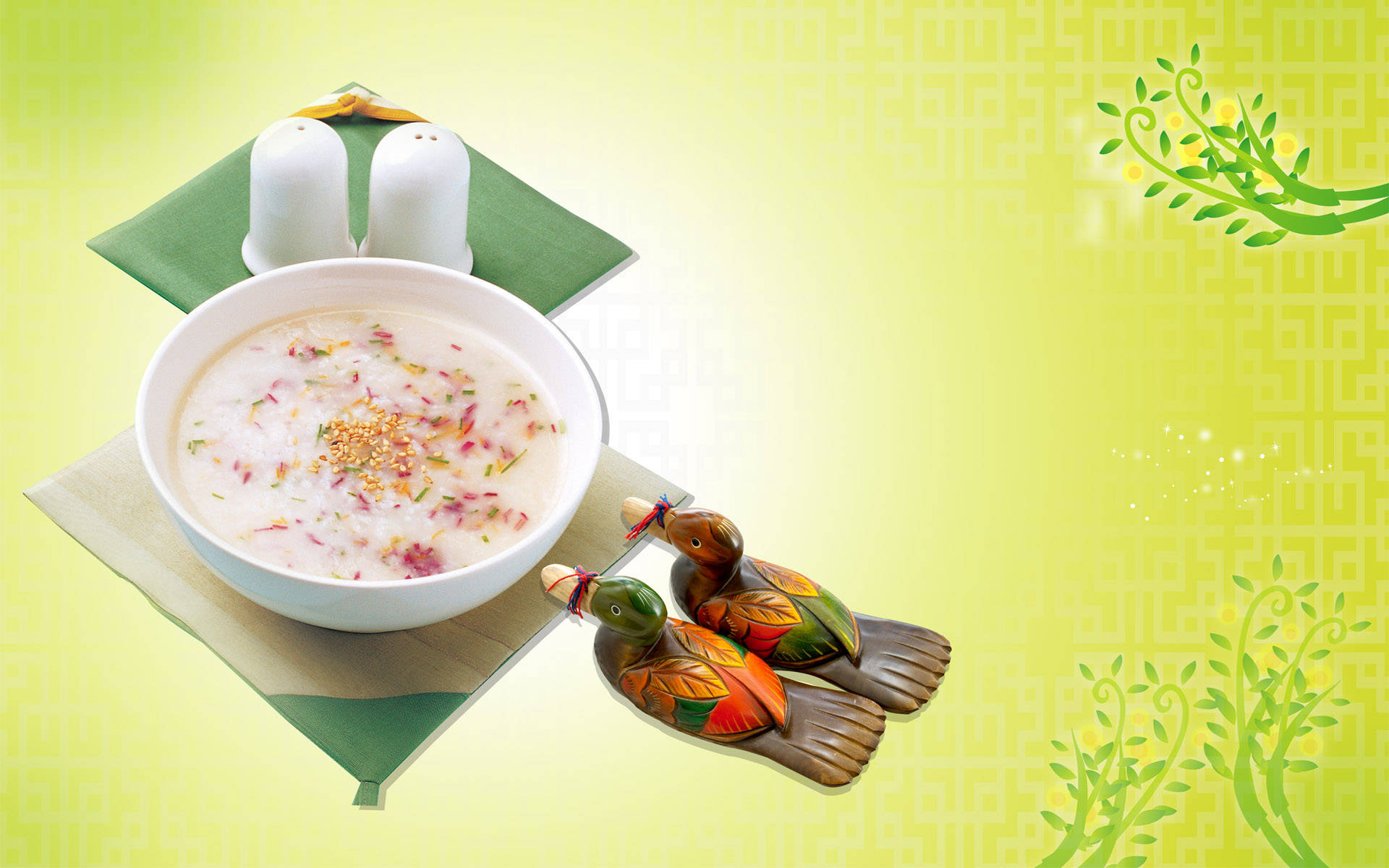 Healthy Chinese Rice Soup with Herbal Toppings Wallpaper