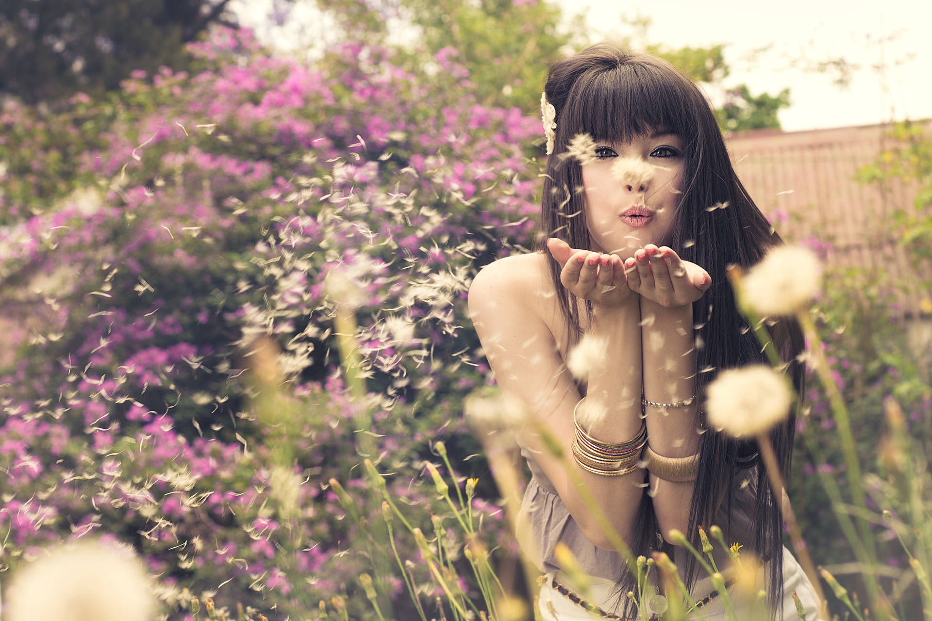 Chinese Woman And Dandelions Wallpaper