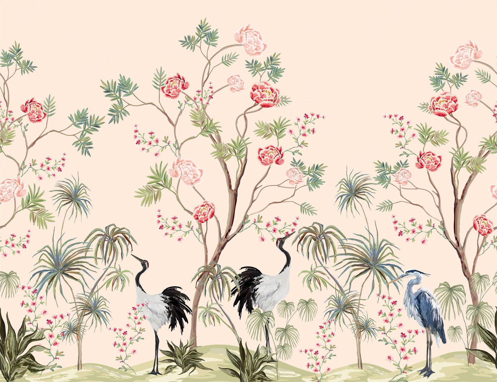 Chinoiserie Fugle Og Blomster Pynte Dette Ekstravagante Tapet. Wallpaper
