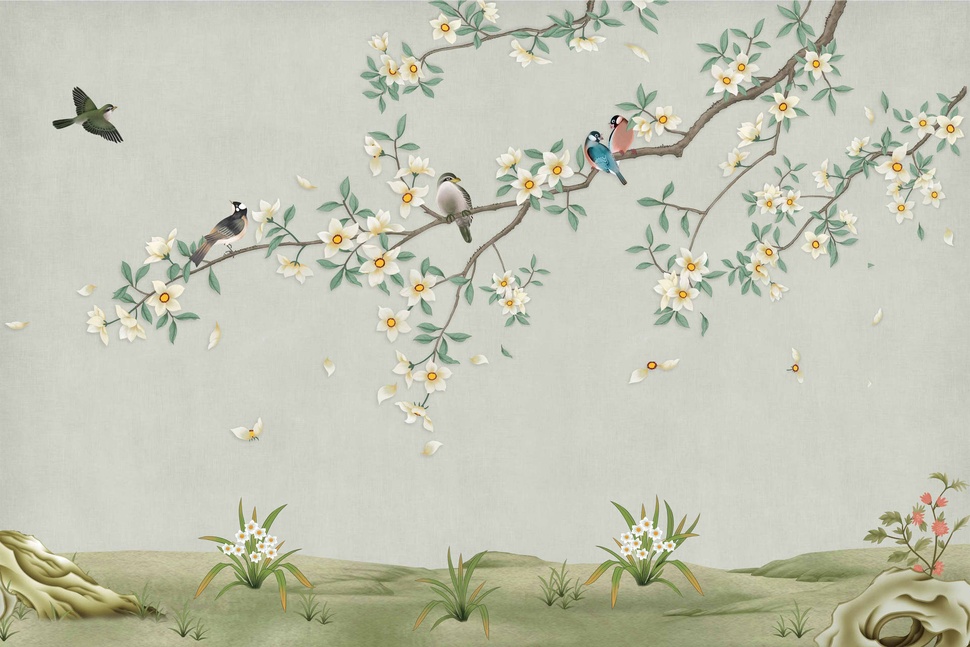 Chinoiserie Birds And Tree Wallpaper