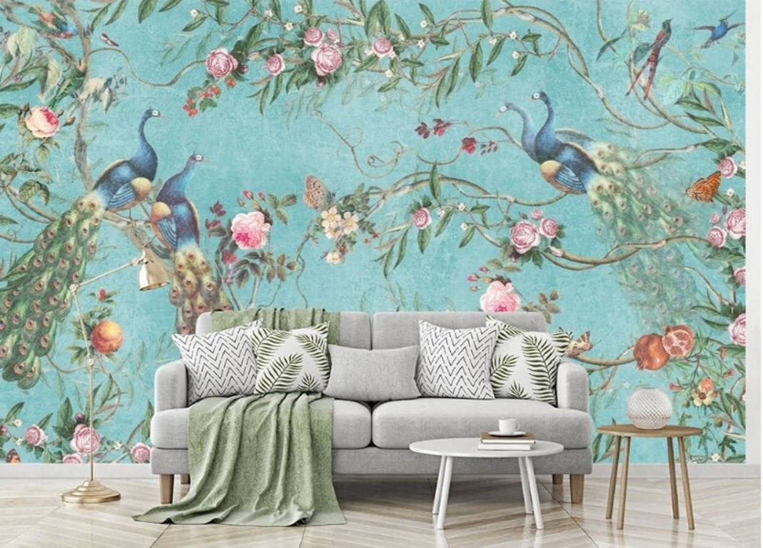Chinoiserie Blue Peafowl Wallpaper