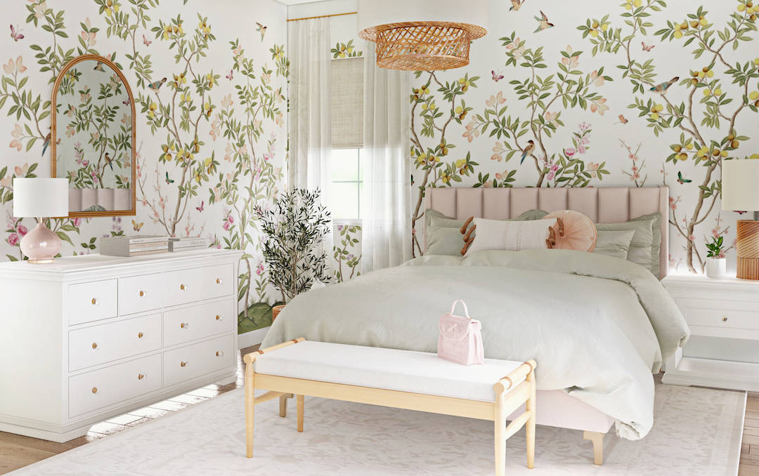 Chinoiserie Light-colored Bedroom Wallpaper