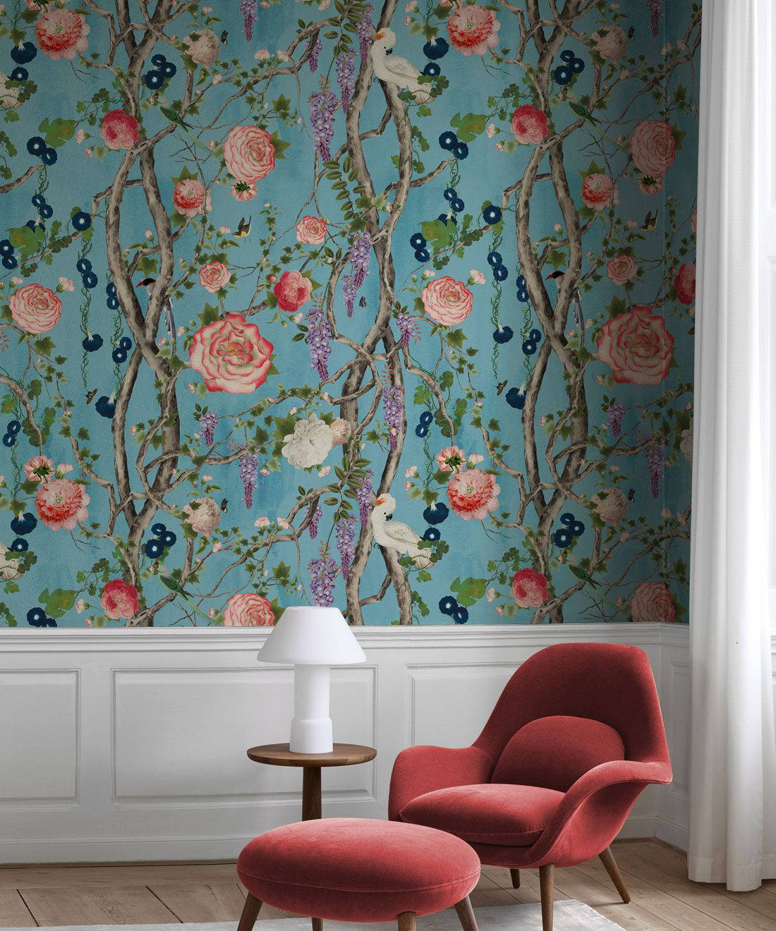Chinoiserie Lyserøde Blomster Wallpaper