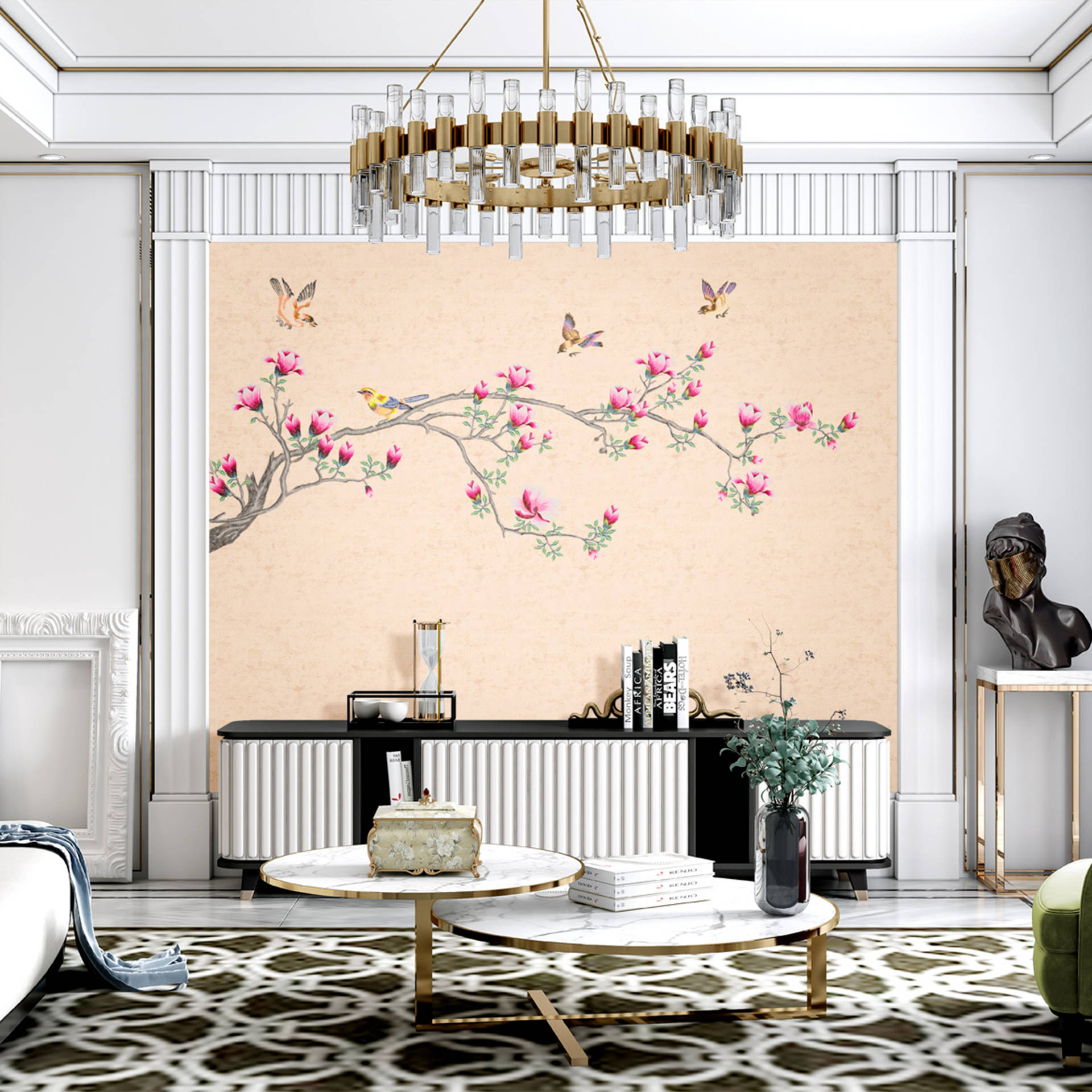 Chinoiserie Pink Blooms med dekorative blade og blomster Wallpaper