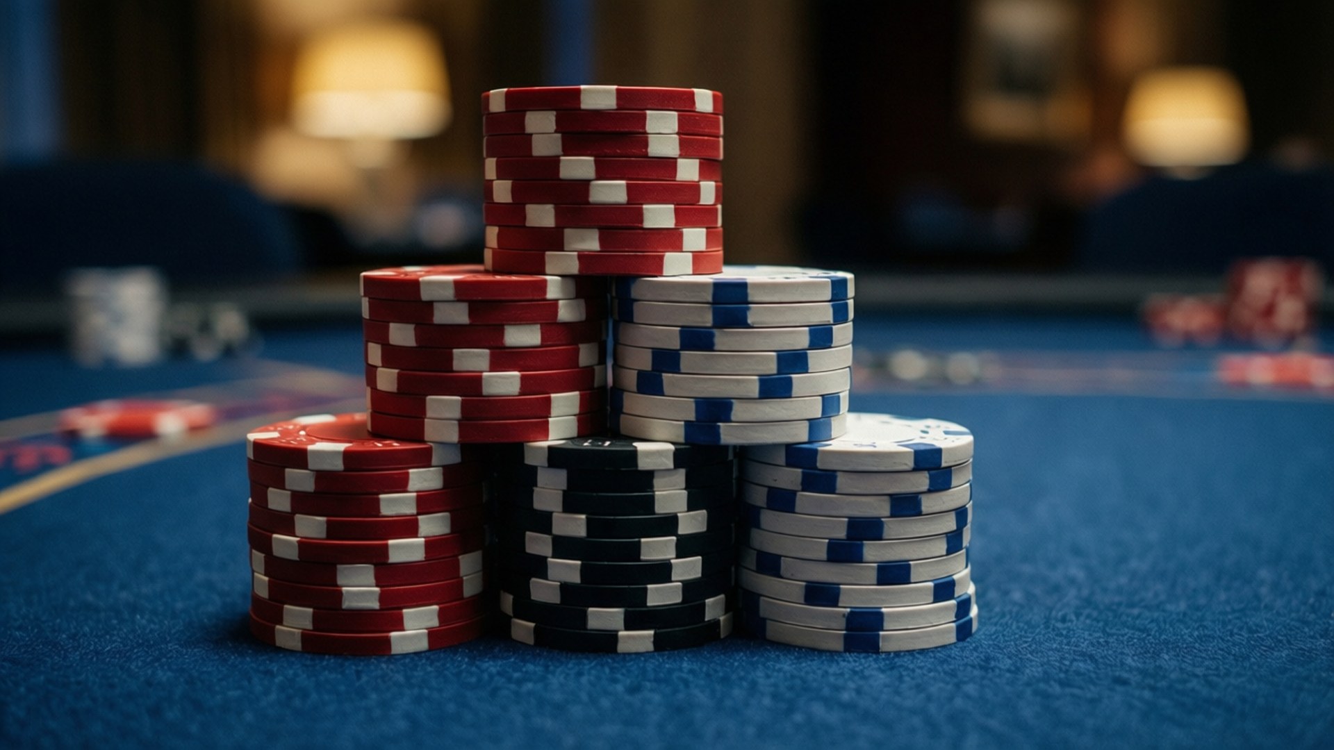 En stabel med fargerike Baccarat-sjetonger i pyramideformasjon på blå filt.