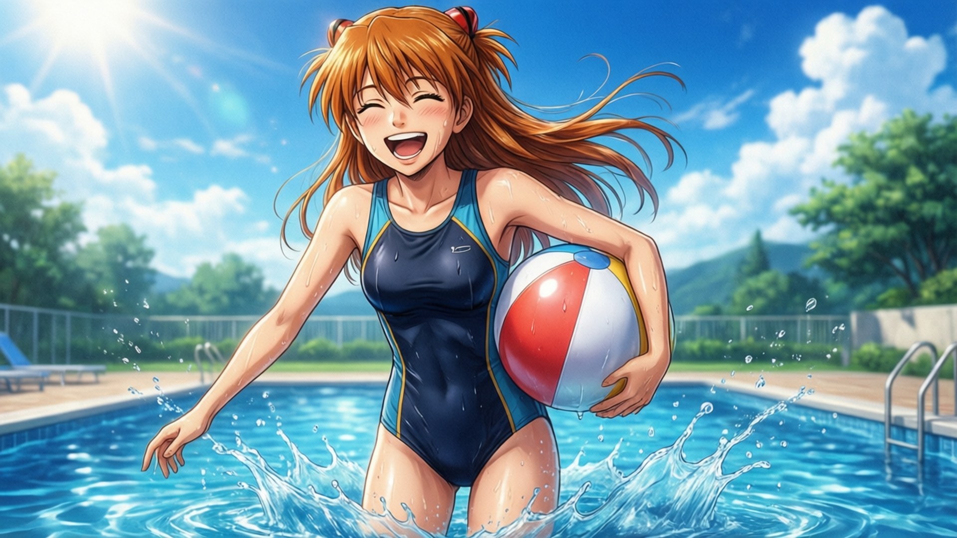 Chizuru Poolkant Wallpapers — Chizuru Ichinose i badetøj ved poolen og griner.