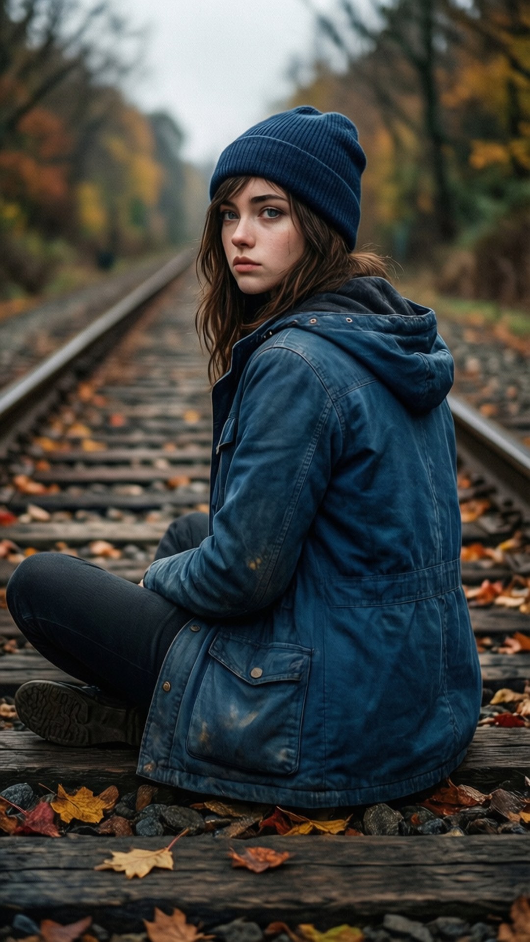 Chloe on Tracks Wallpaper — A young woman in a blue beanie and denim jacket sits on autumn leaves scattered across a railway track surrounded by trees.