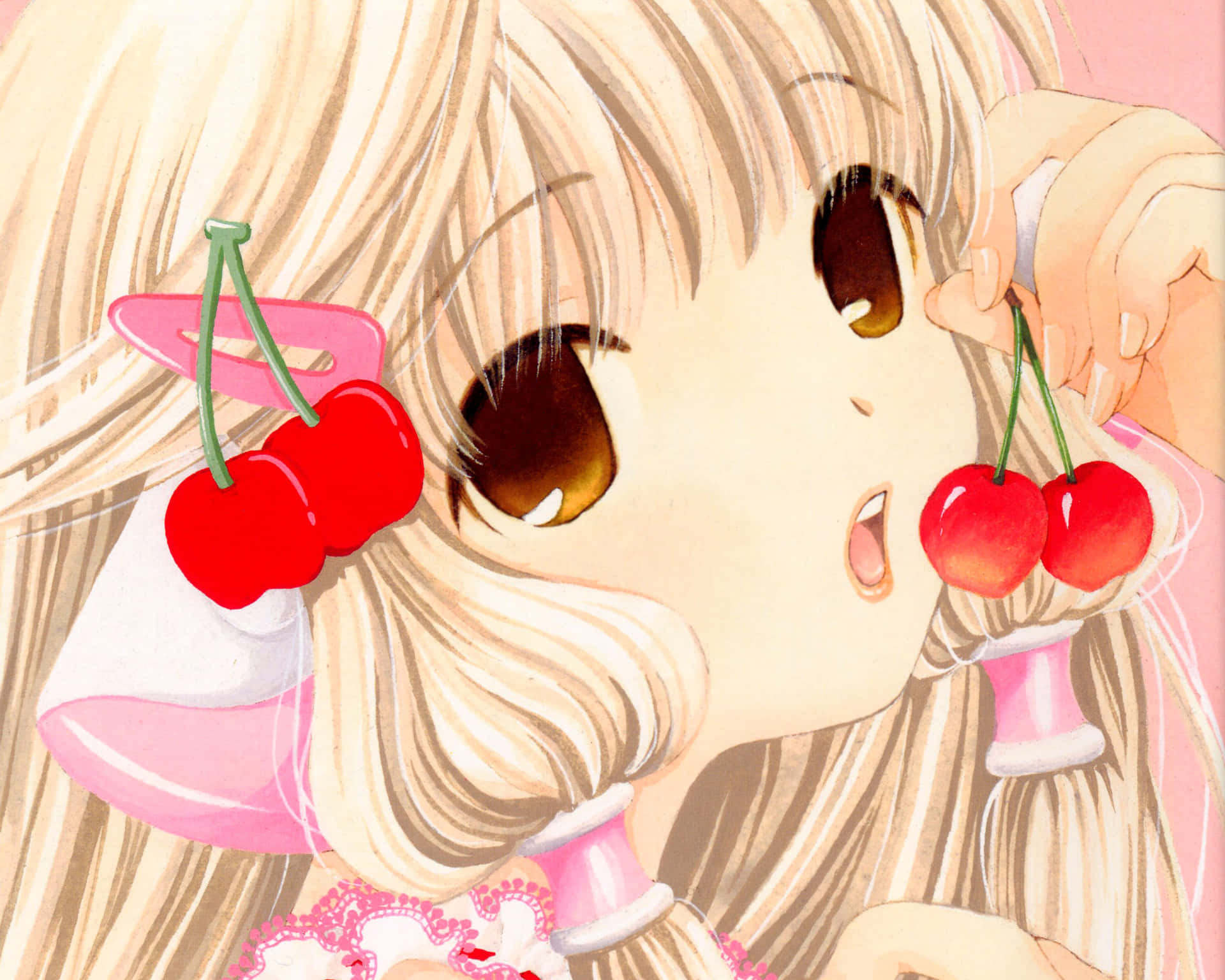 Chobits Anime Personage Met Kersen Achtergrond