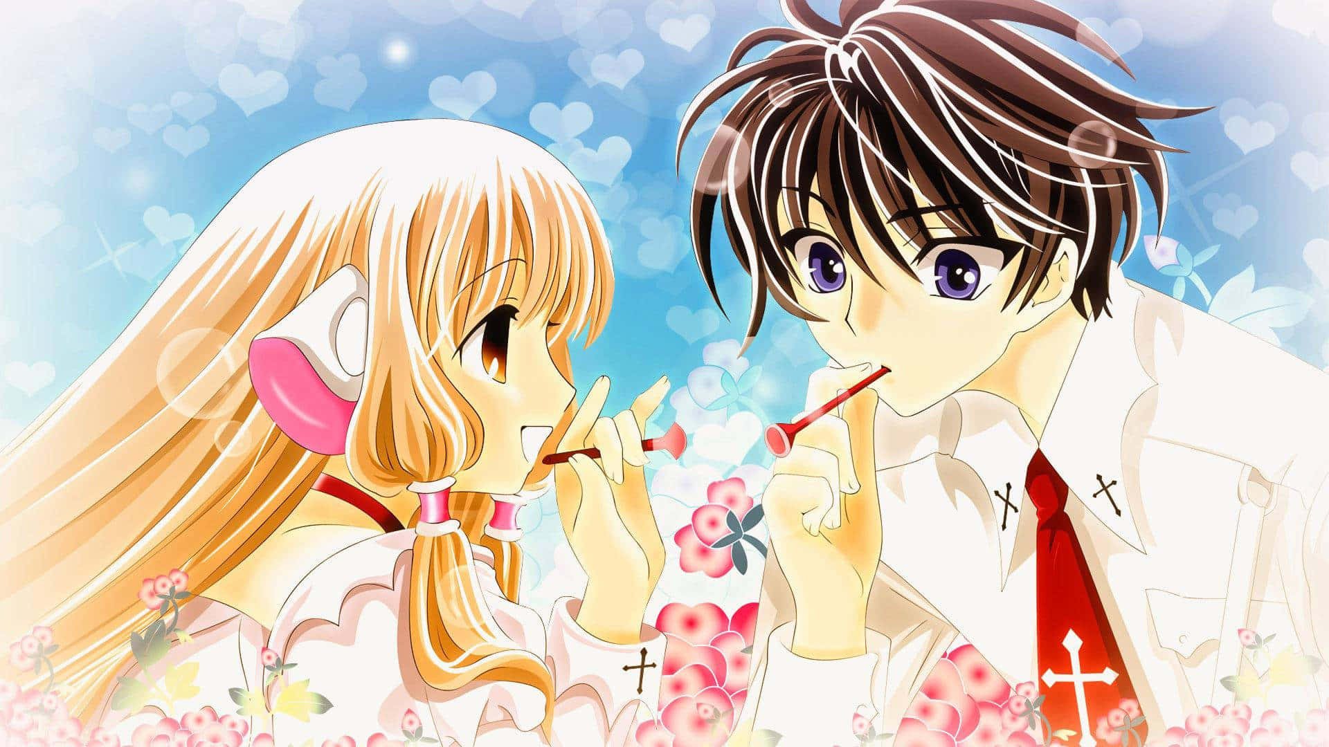 Chobits Personages Delen Een Moment Achtergrond