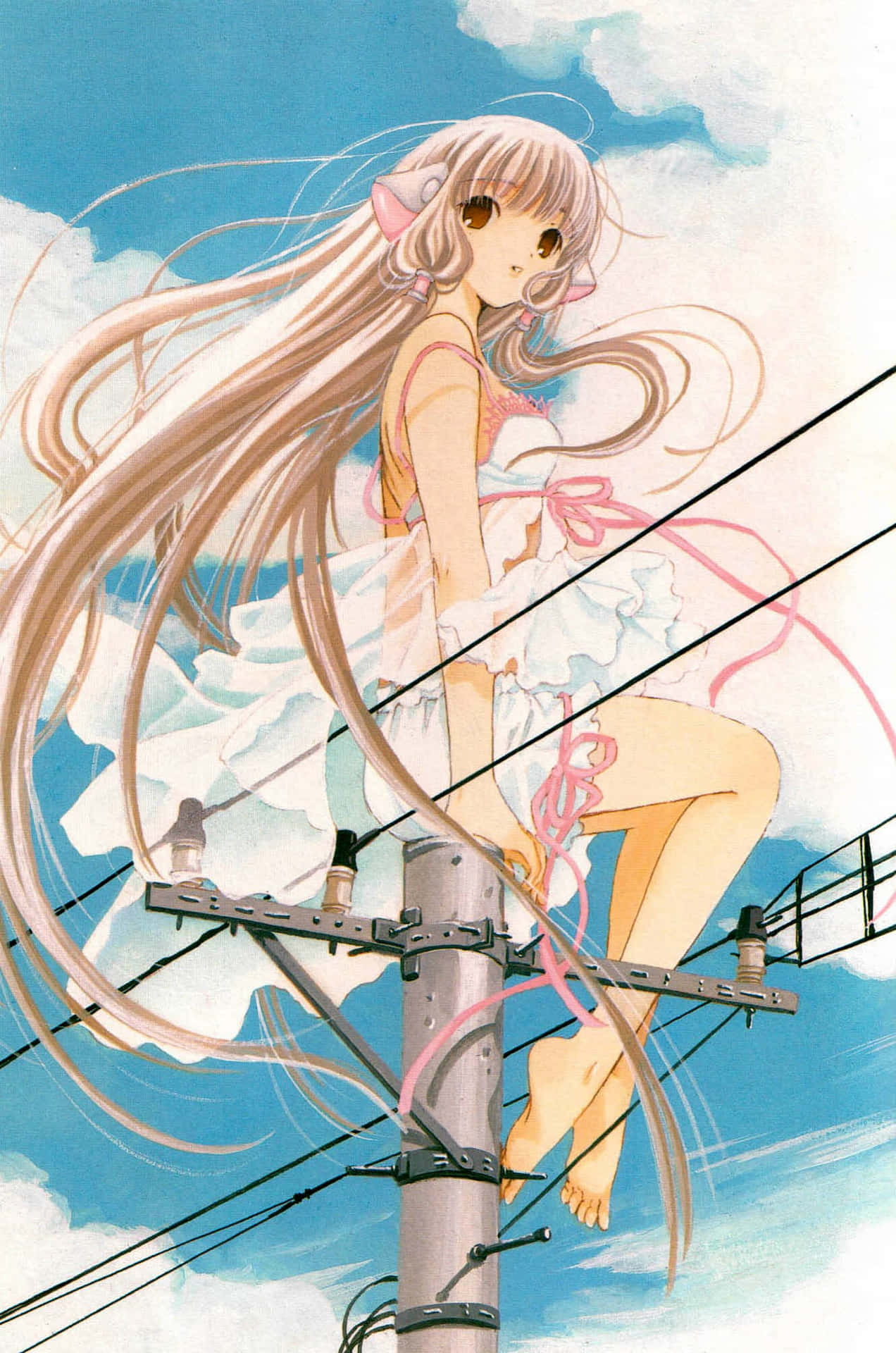 Chobits Freya Duduk Di Tiang Utilitas Wallpaper