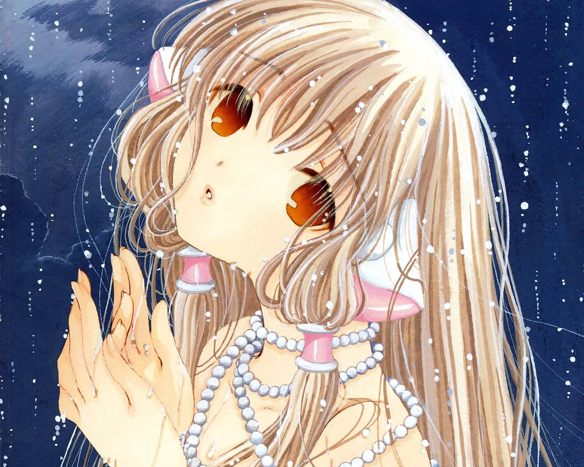 A Girl With Long Hair And Pearls In The Rain