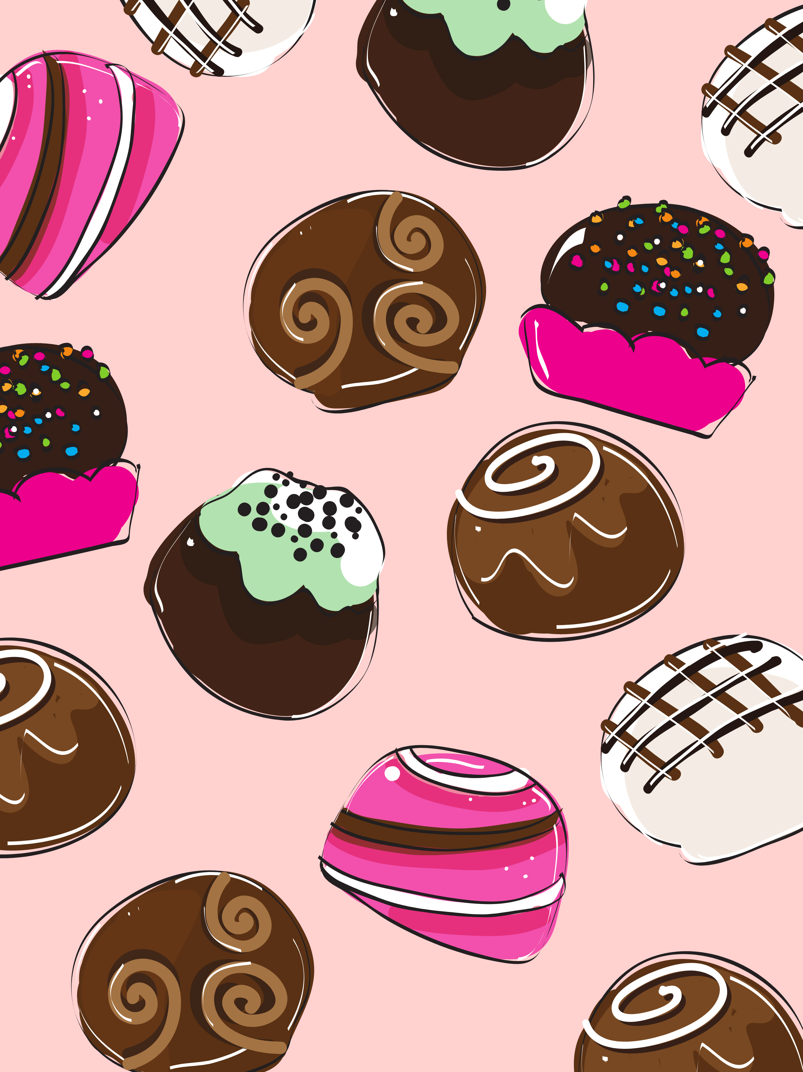 Chocolate Background — A playful pattern of assorted colorful chocolate candies with swirls sprinkles and drizzles on a soft pink background.