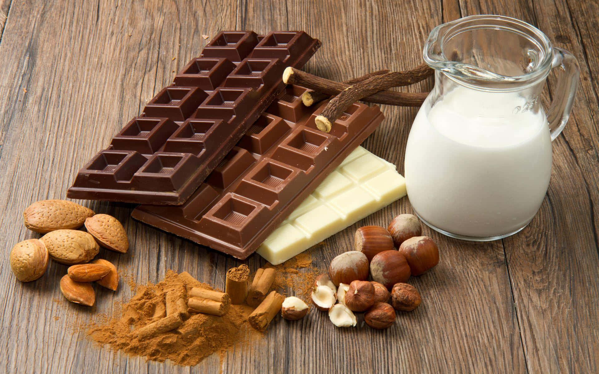 Chocolate, Nuts, Milk And Almonds On A Wooden Table