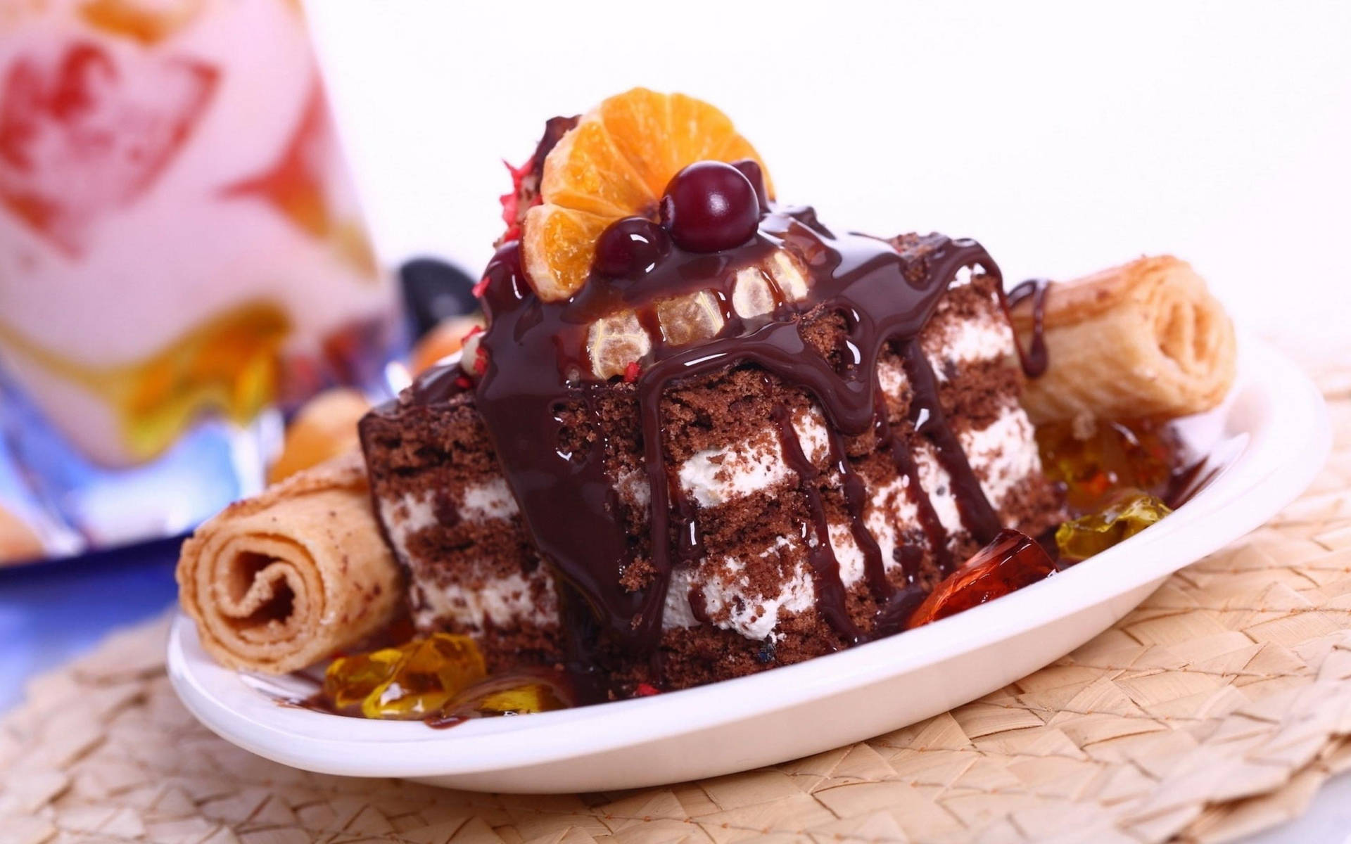 Schokoladenkuchenorangen Frucht Desserts Wallpaper