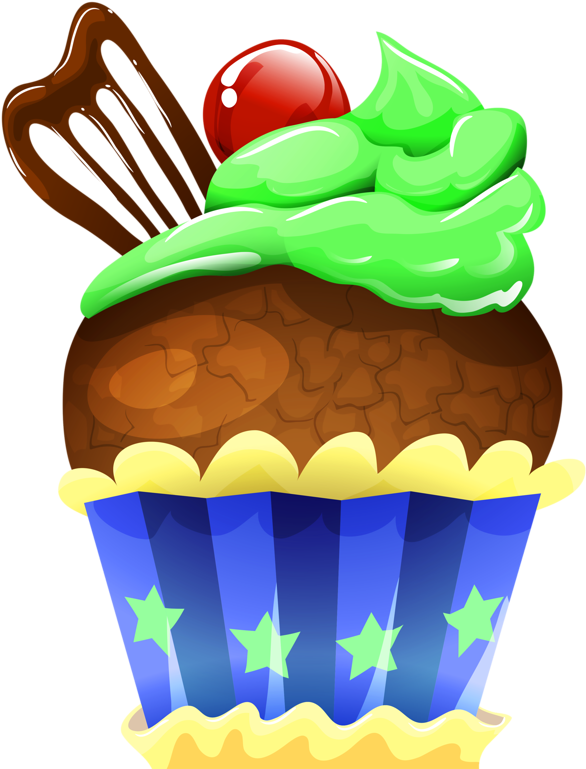 Chocolate Cupcakewith Green Frostingand Cherry PNG