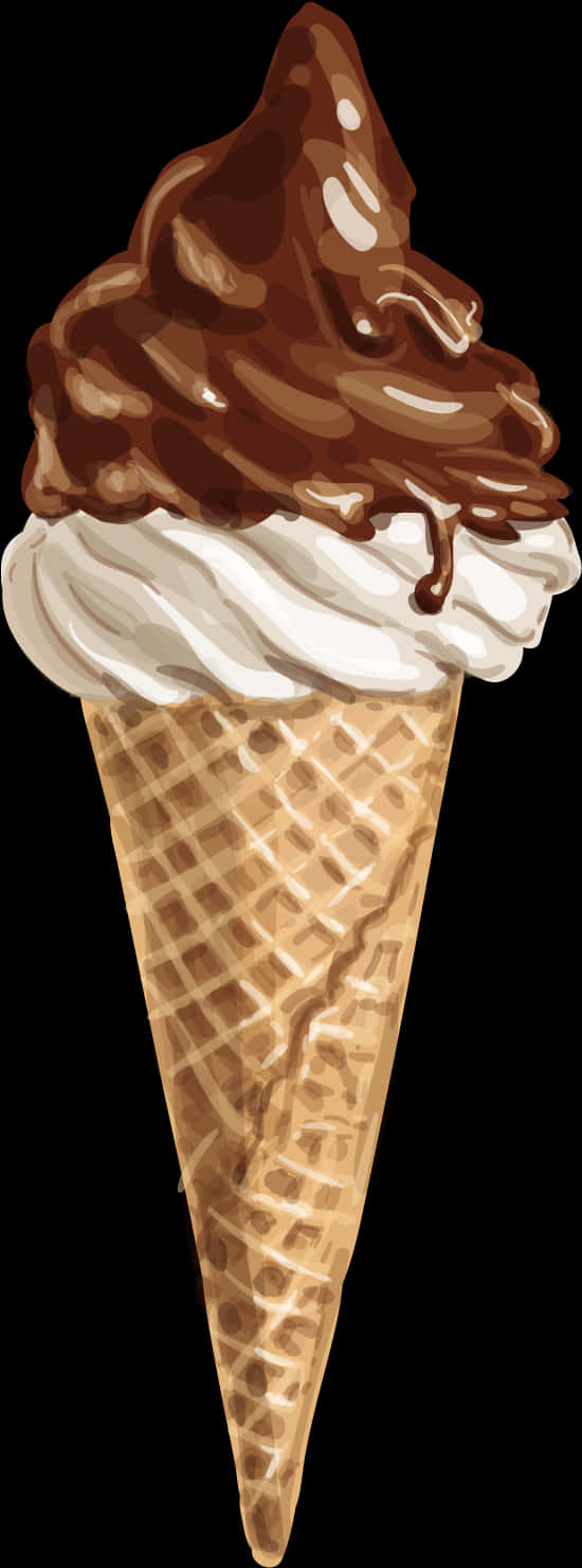 Chocolate Drizzled Soft Serve Ice Cream Cone PNG