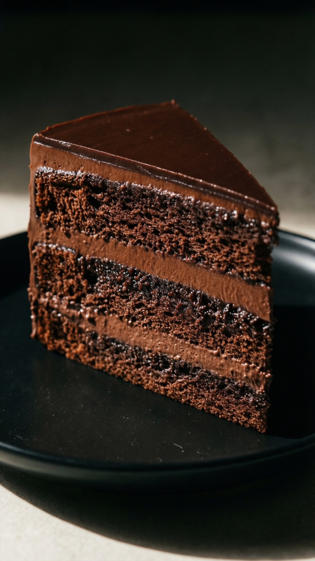 Close-up slice of rich chocolate cake with ganache, great for dessert lovers.