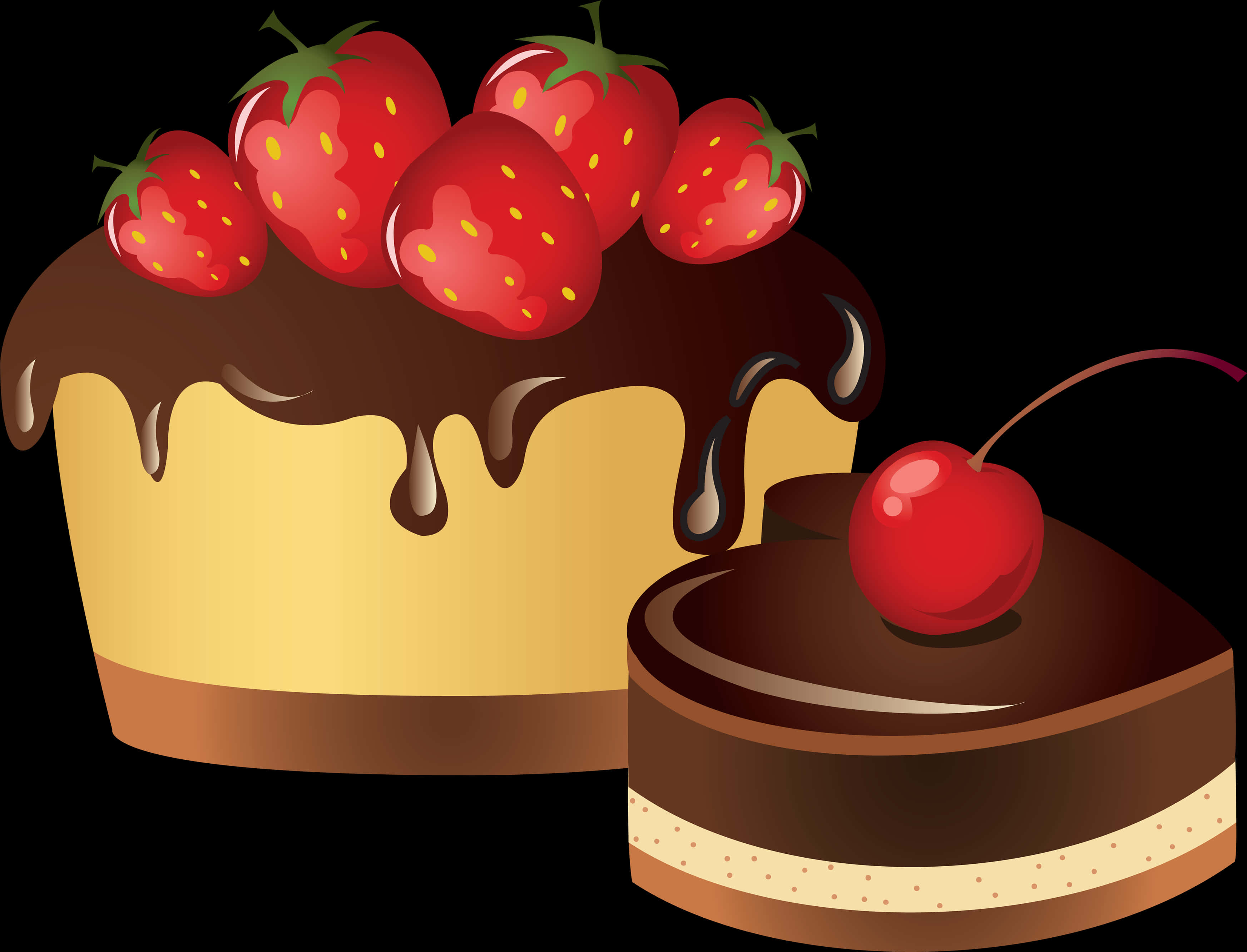 Chocolate Strawberryand Cherry Cakes Illustration PNG