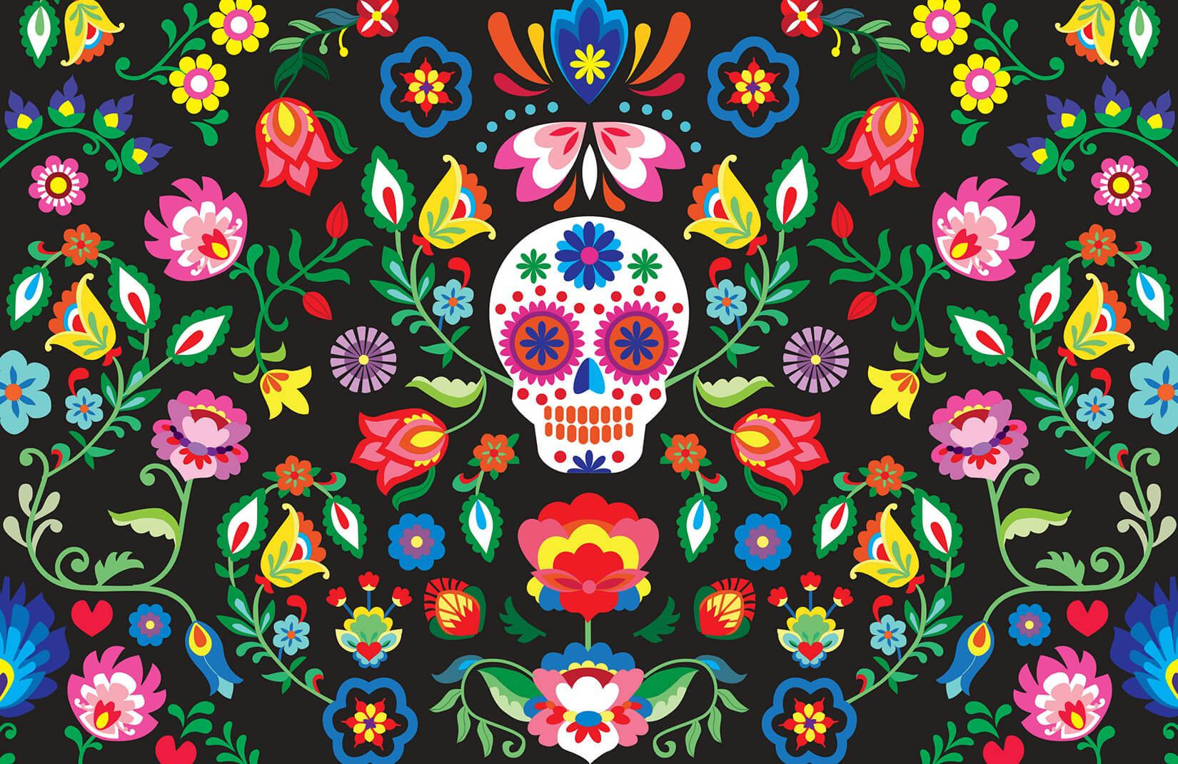 A Colorful Sugar Skull On A Black Background Wallpaper