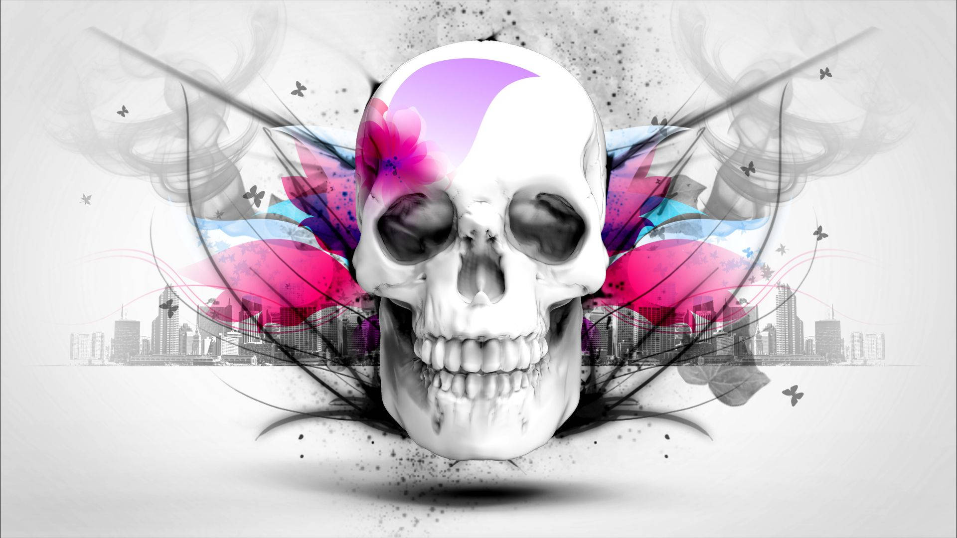 A Skull With Colorful Flowers And Butterflies Wallpaper