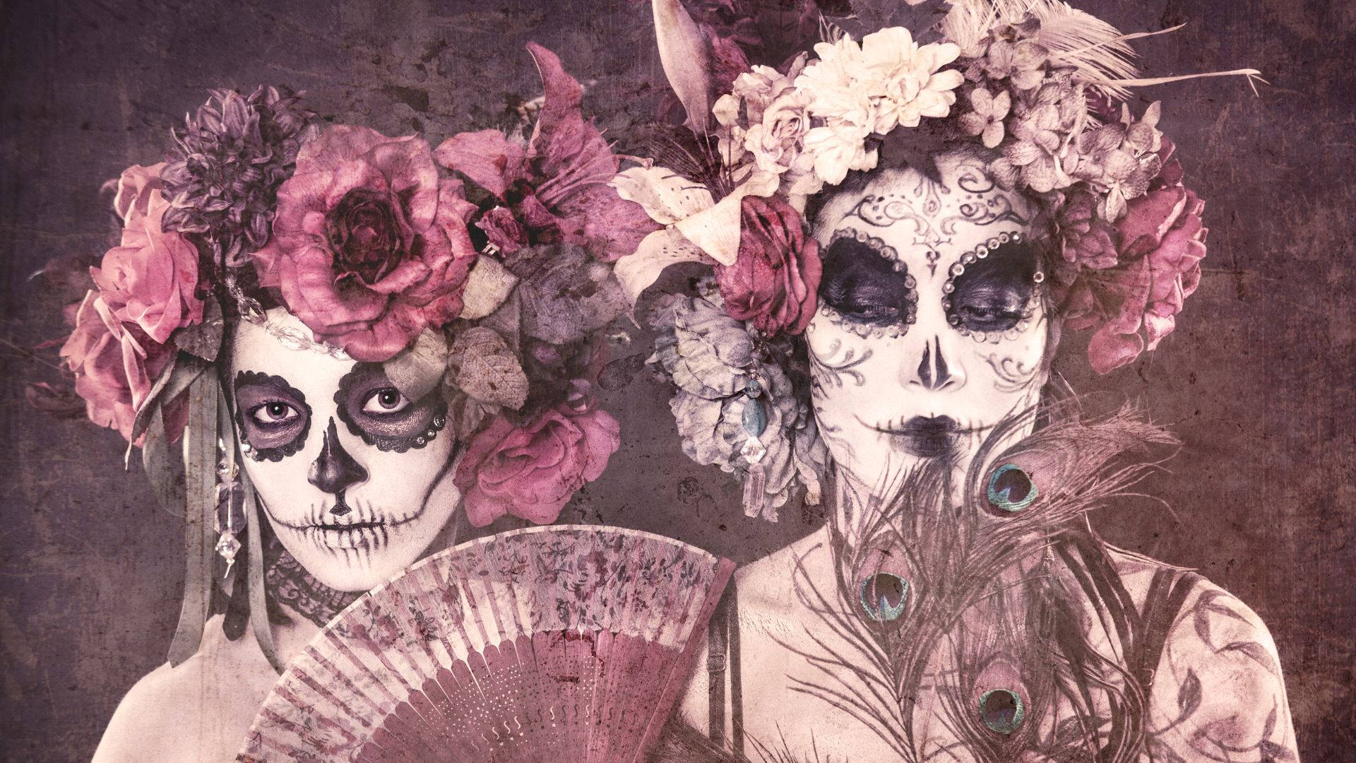 To kvinder med sukker Skulls og blomster Wallpaper