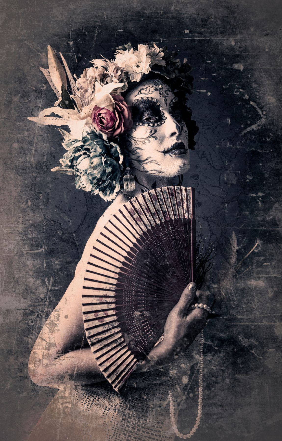 A Woman Holding A Fan And Flowers Wallpaper