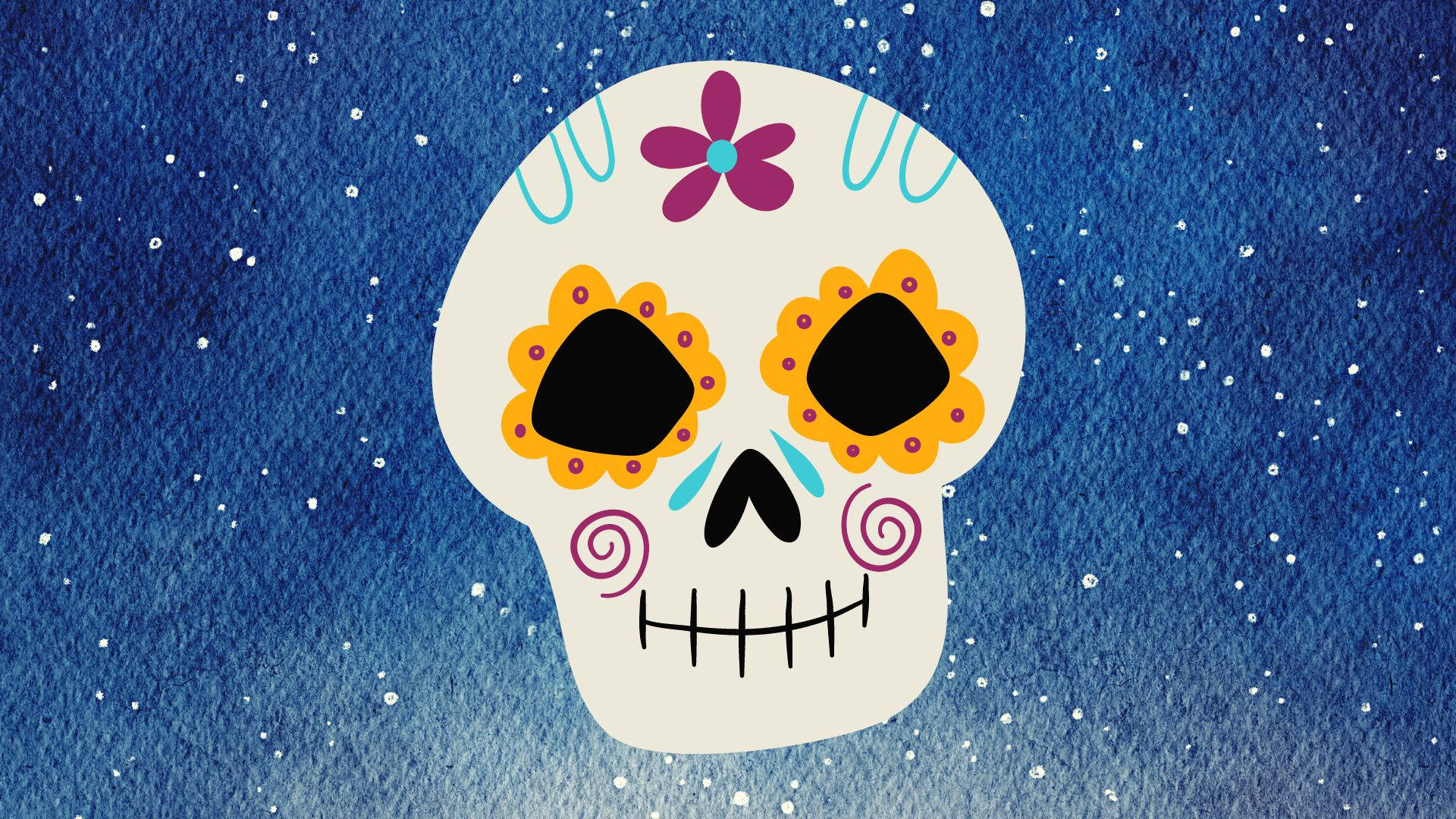 A Sugar Skull With Colorful Flowers On A Blue Background Wallpaper