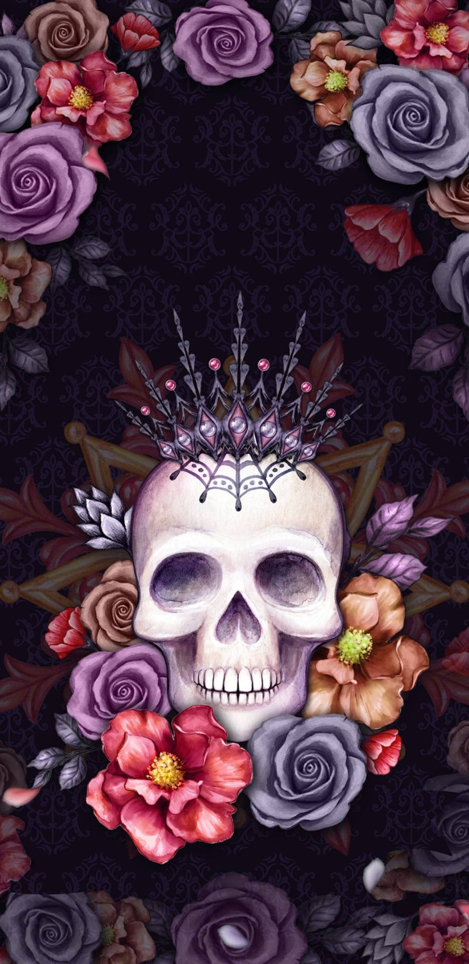 Et skelett med blomster og et krone Wallpaper