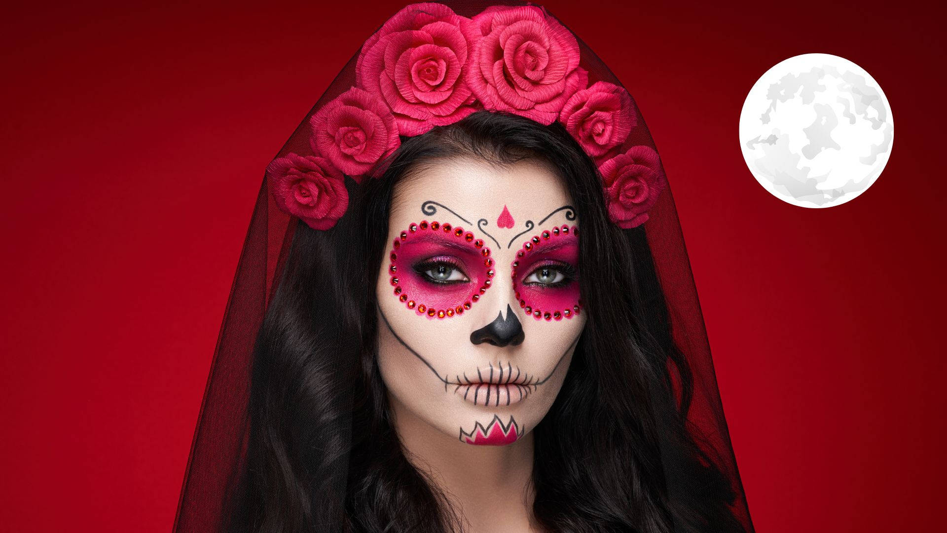 Einefrau Mit Sugar Skull Make-up Und Rosen Auf Ihrem Gesicht Wallpaper