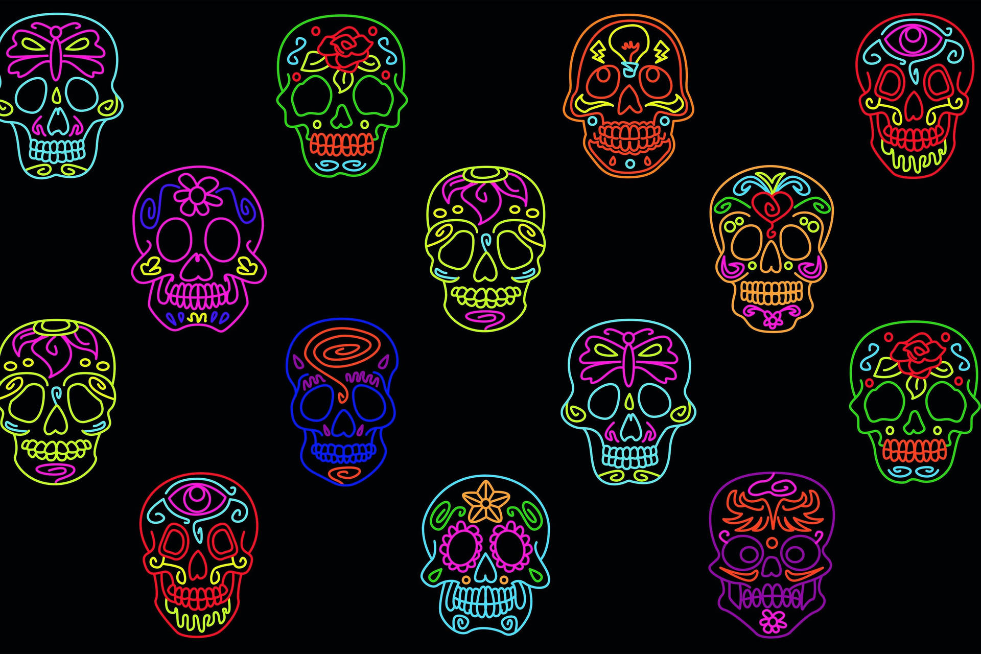 A Colorful Set Of Sugar Skulls On A Black Background Wallpaper