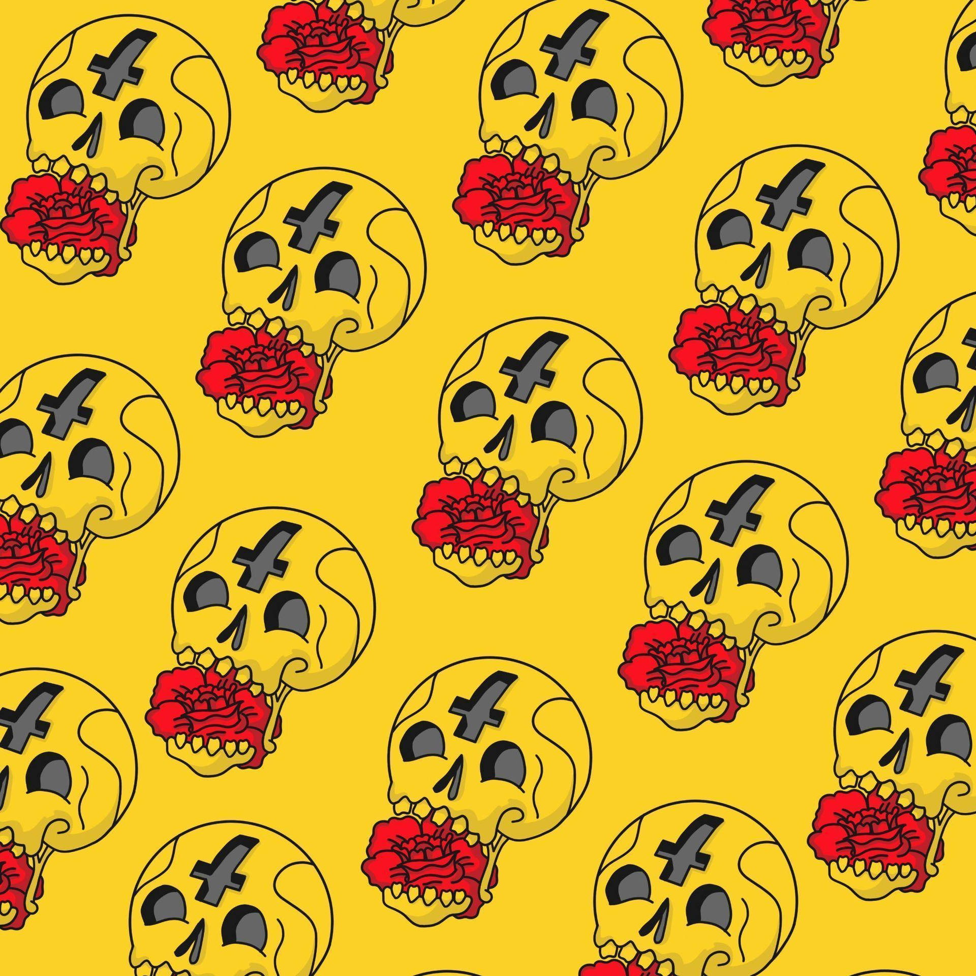 A Pattern Of Skulls On Yellow Background Wallpaper