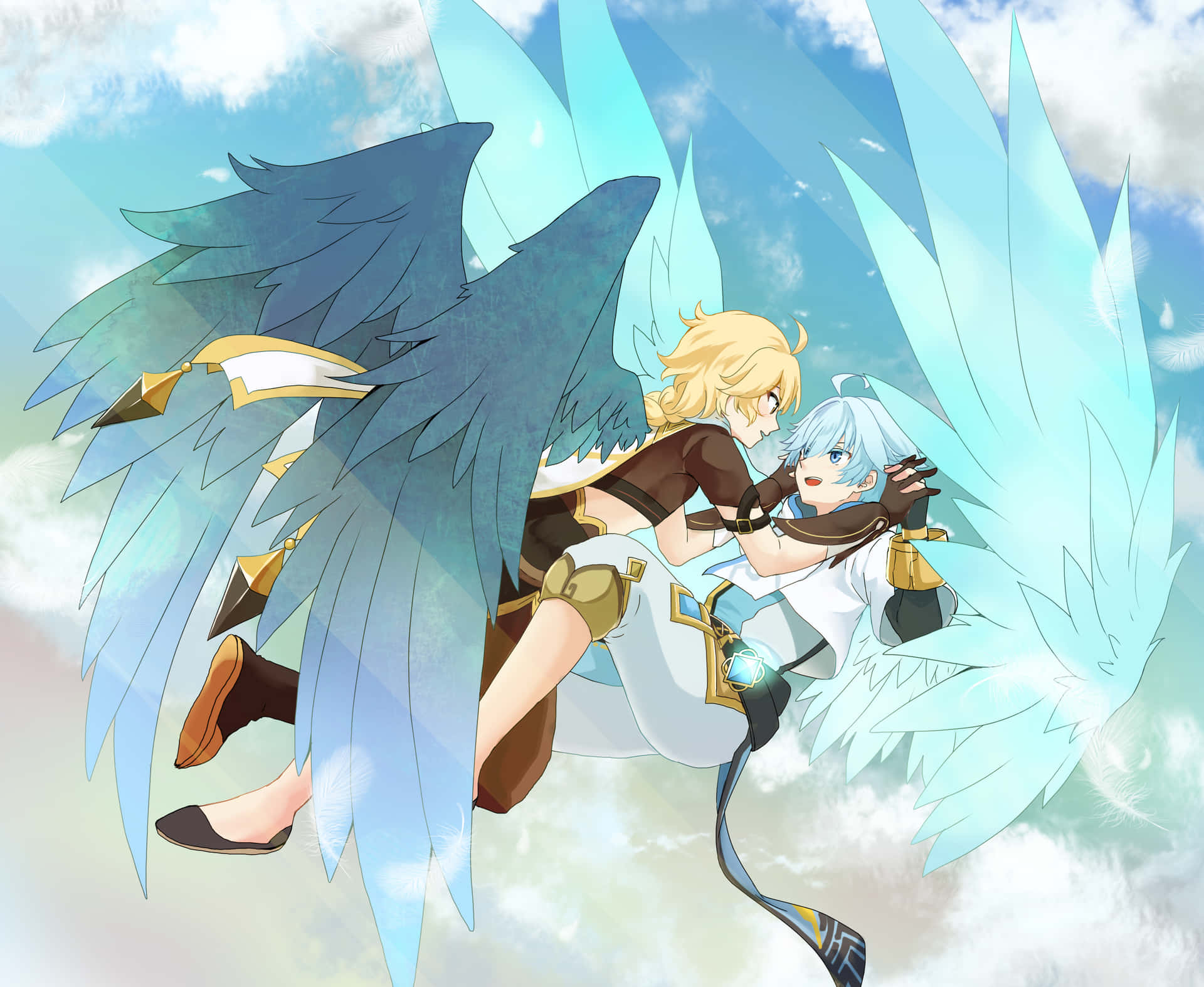 Download A Couple Of Anime Characters With Wings Flying In The Sky  Wallpaper | Wallpapers.Com