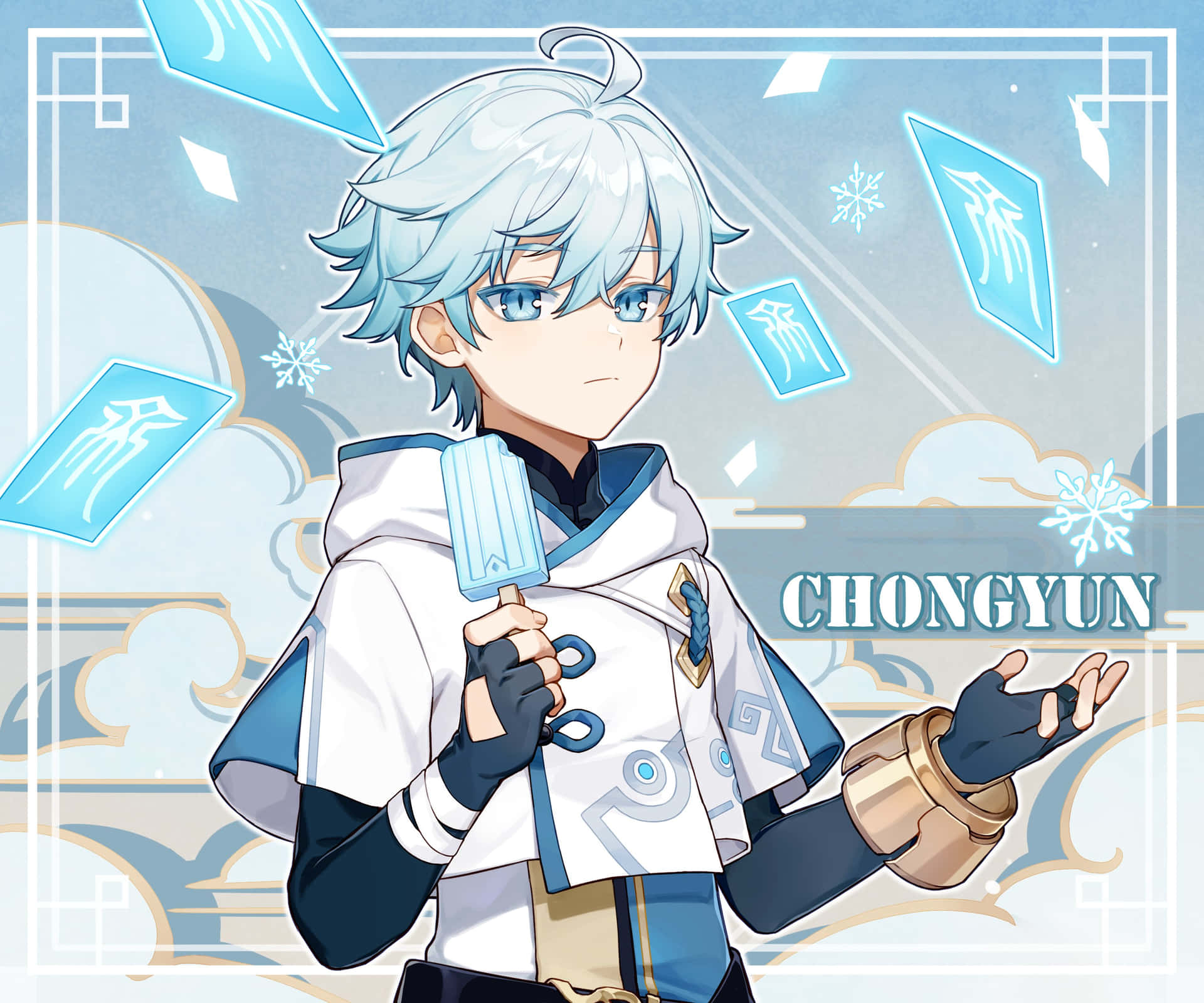 A Character With Blue Hair And Blue Eyes Holding A Blue Card Wallpaper